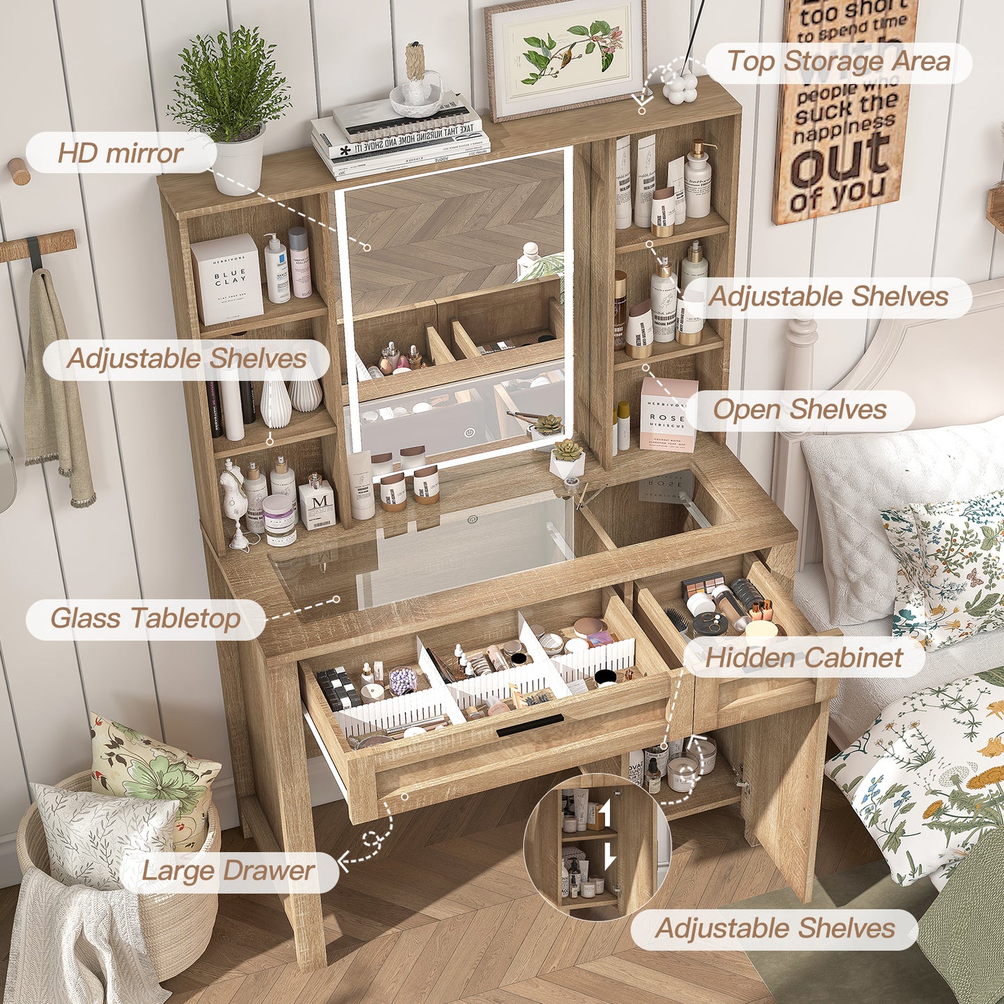 usikey Farmhouse Makeup Vanity Desk with Mirror and Lights, Glass Tabletop Makeup Vanity with Adjustable Shelves, Vanity Table Set with 2 Drawers and Side Cabinet for Bedroom, White
