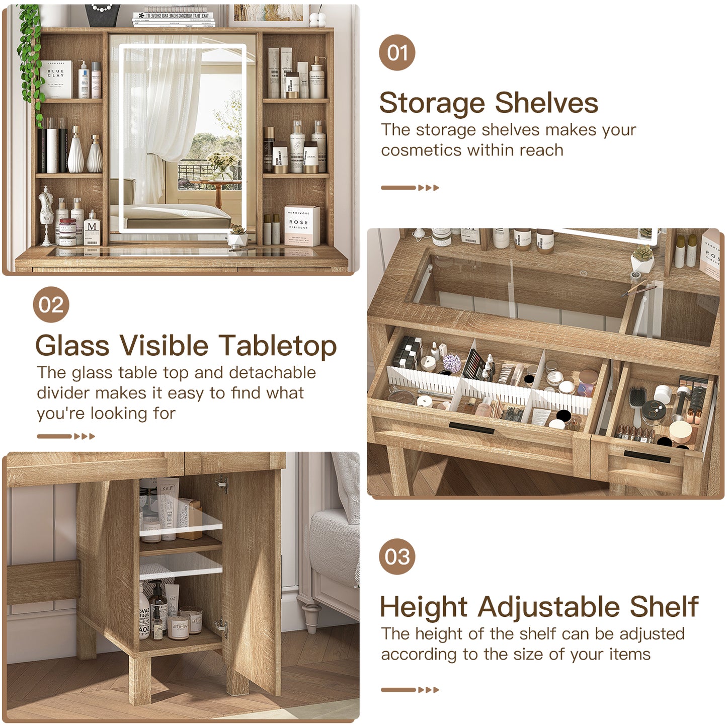 usikey Farmhouse Makeup Vanity Desk with Mirror and Lights, Glass Tabletop Makeup Vanity with Adjustable Shelves, Vanity Table Set with 2 Drawers and Side Cabinet for Bedroom, White
