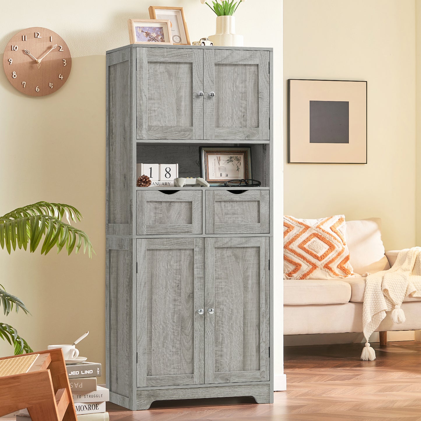 USIKEY Tall Bathroom Storage Cabinet with 2 Drawers & 2 Adjustable Shelves, Bathroom Storage Cabinet with 4 Doors, for Living Room, Entryway