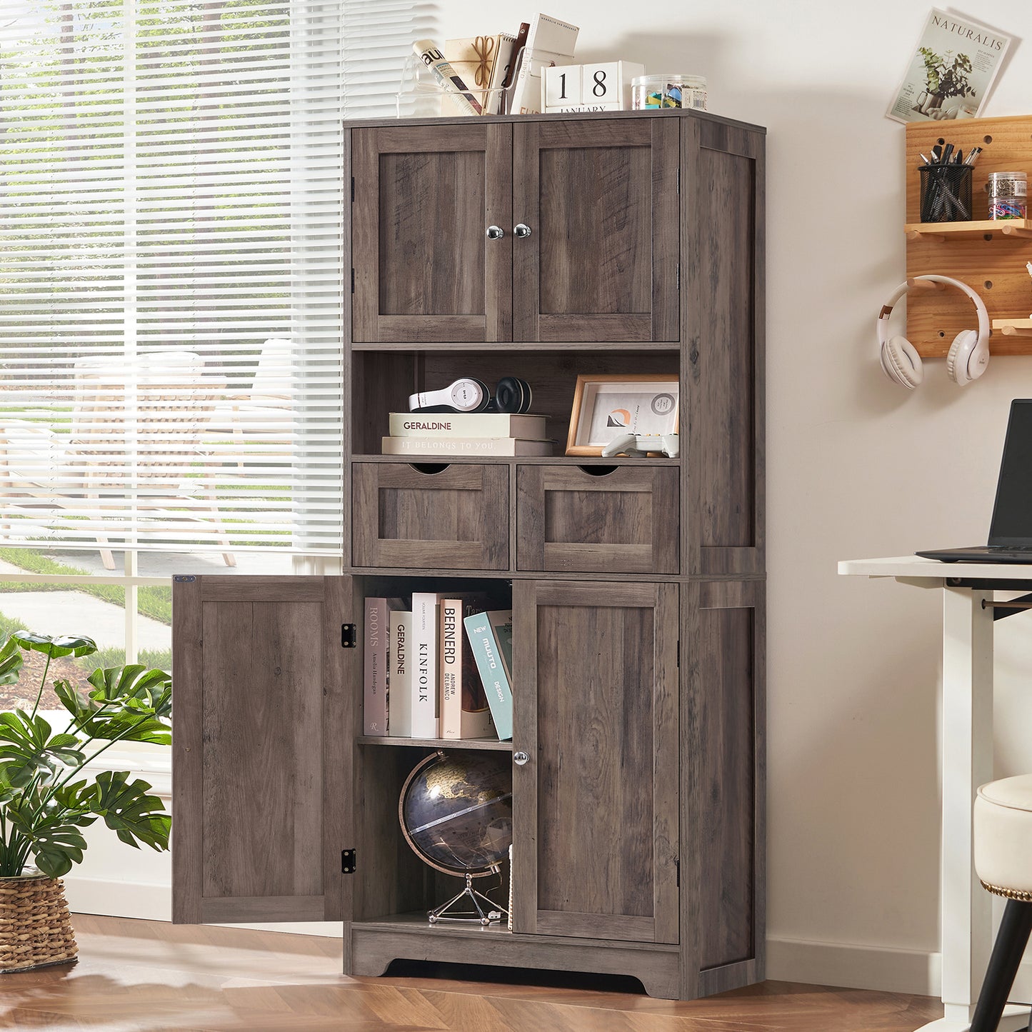 USIKEY Tall Bathroom Storage Cabinet with 2 Drawers & 2 Adjustable Shelves, Bathroom Storage Cabinet with 4 Doors, for Living Room, Entryway