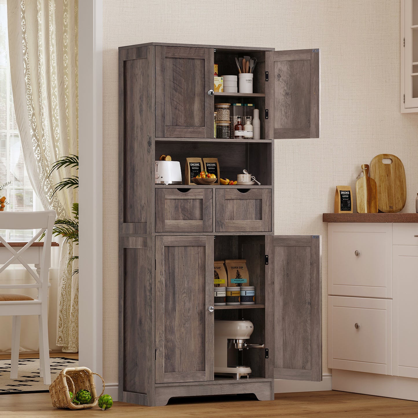 USIKEY Tall Bathroom Storage Cabinet with 2 Drawers & 2 Adjustable Shelves, Bathroom Storage Cabinet with 4 Doors, for Living Room, Entryway