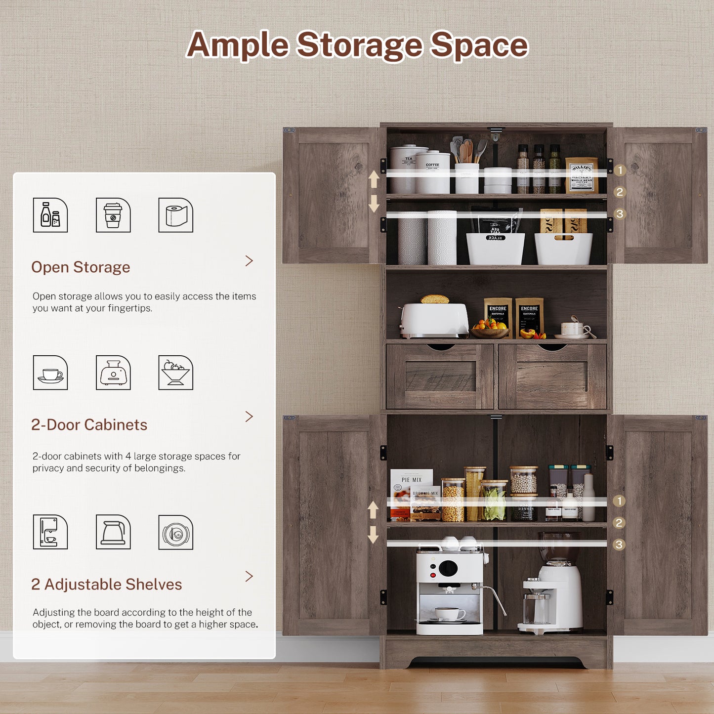 USIKEY Tall Bathroom Storage Cabinet with 2 Drawers & 2 Adjustable Shelves, Bathroom Storage Cabinet with 4 Doors, for Living Room, Entryway