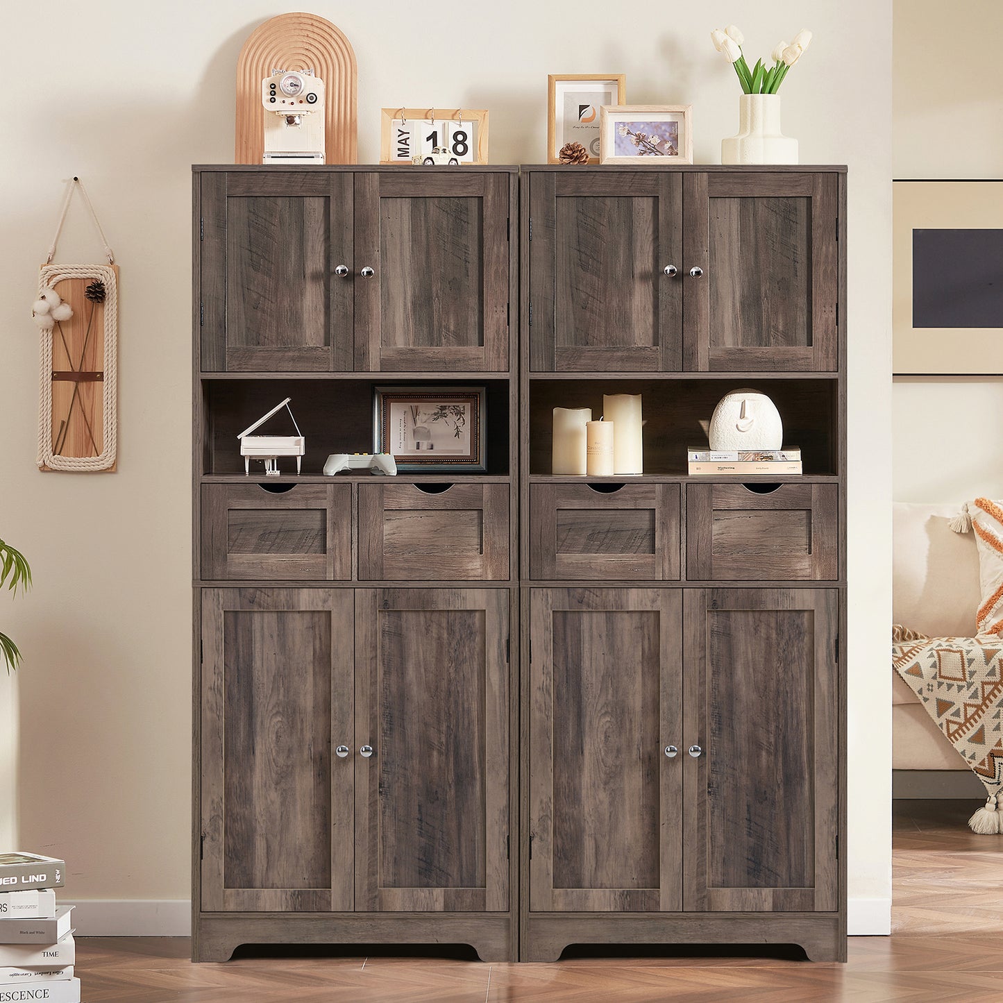 USIKEY Tall Bathroom Storage Cabinet with 2 Drawers & 2 Adjustable Shelves, Bathroom Storage Cabinet with 4 Doors, for Living Room, Entryway