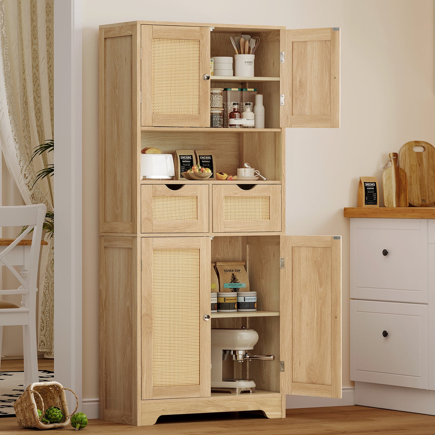 USIKEY Tall Bathroom Storage Cabinet with 2 Drawers & 2 Adjustable Shelves, Bathroom Storage Cabinet with 4 Doors, for Living Room, Entryway