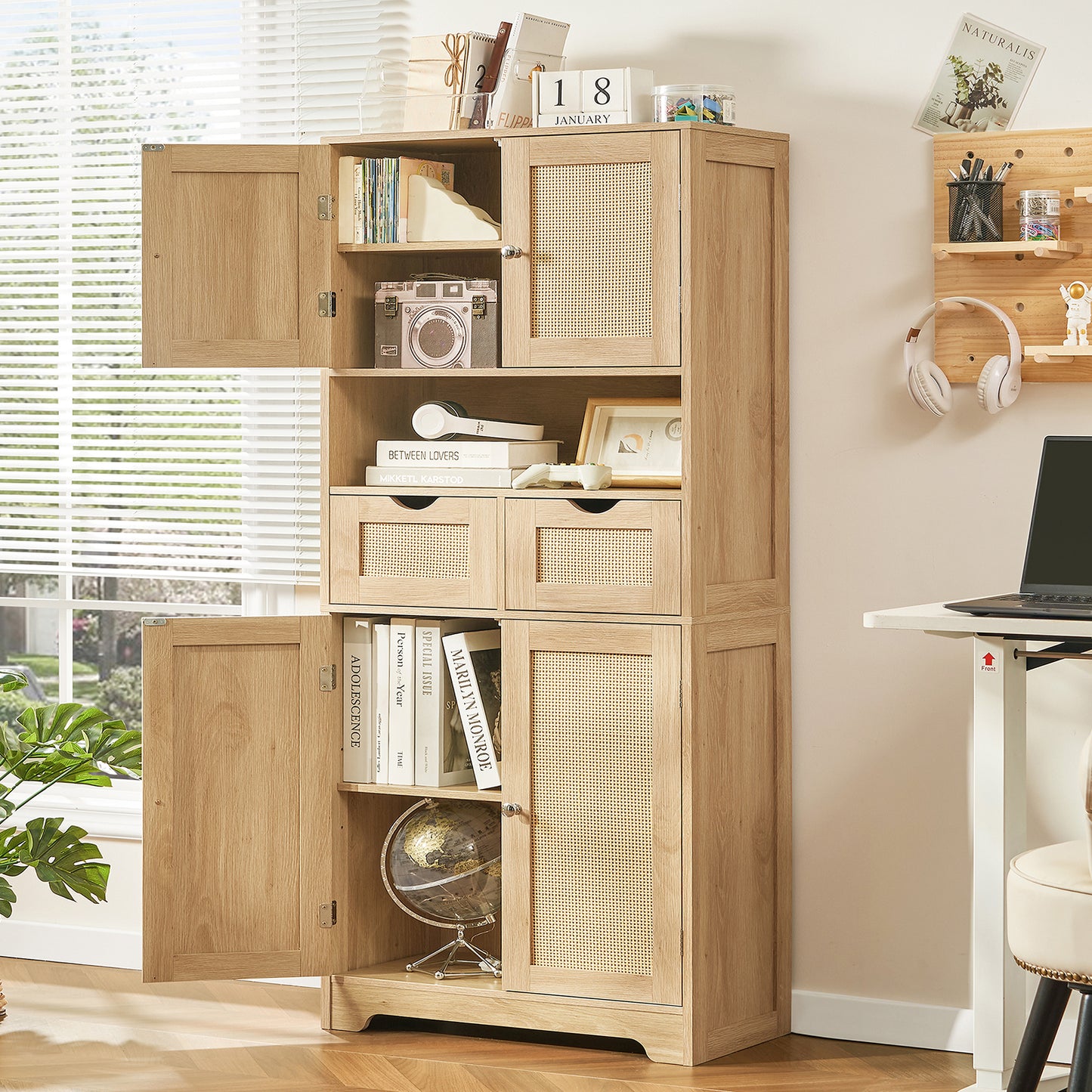 USIKEY Tall Bathroom Storage Cabinet with 2 Drawers & 2 Adjustable Shelves, Bathroom Storage Cabinet with 4 Doors, for Living Room, Entryway