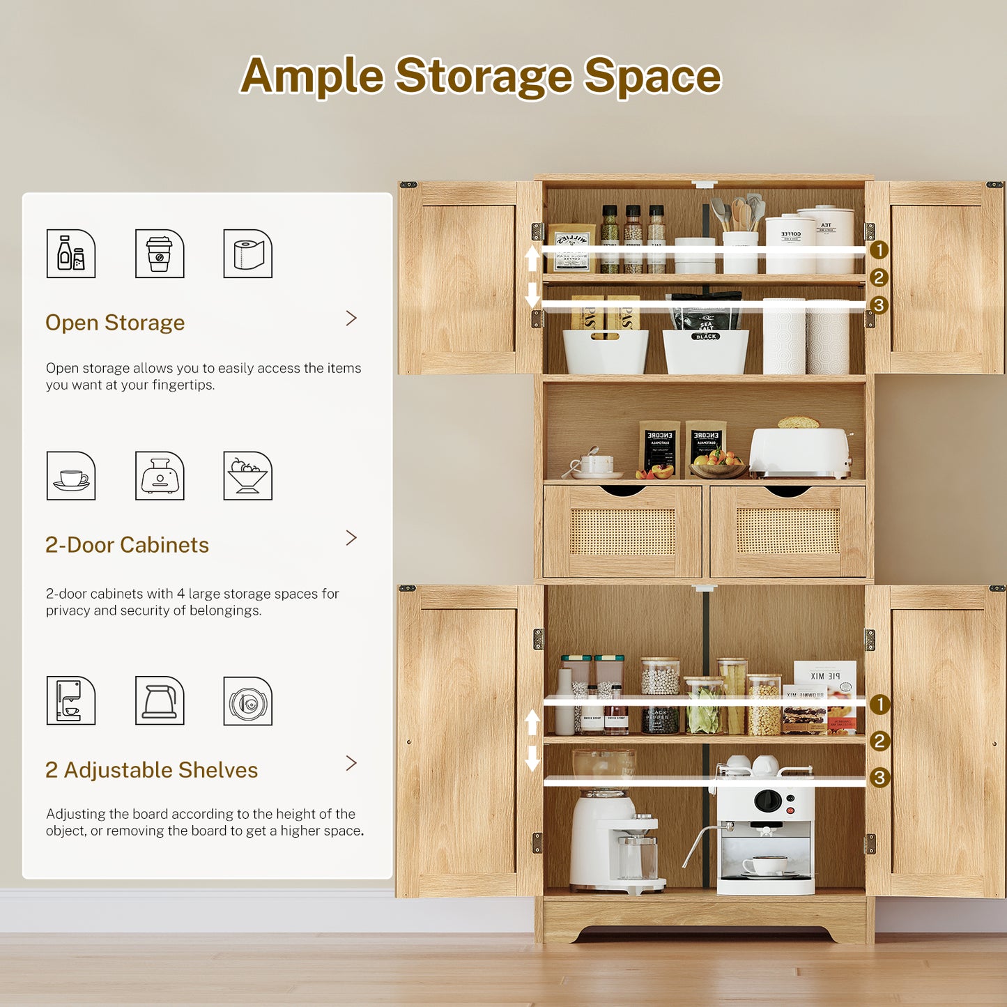 USIKEY Tall Bathroom Storage Cabinet with 2 Drawers & 2 Adjustable Shelves, Bathroom Storage Cabinet with 4 Doors, for Living Room, Entryway