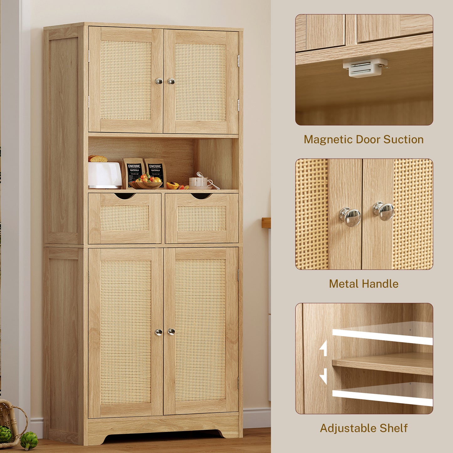 USIKEY Tall Bathroom Storage Cabinet with 2 Drawers & 2 Adjustable Shelves, Bathroom Storage Cabinet with 4 Doors, for Living Room, Entryway