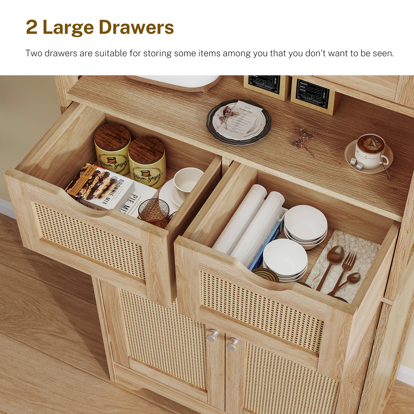 USIKEY Tall Bathroom Storage Cabinet with 2 Drawers & 2 Adjustable Shelves, Bathroom Storage Cabinet with 4 Doors, for Living Room, Entryway