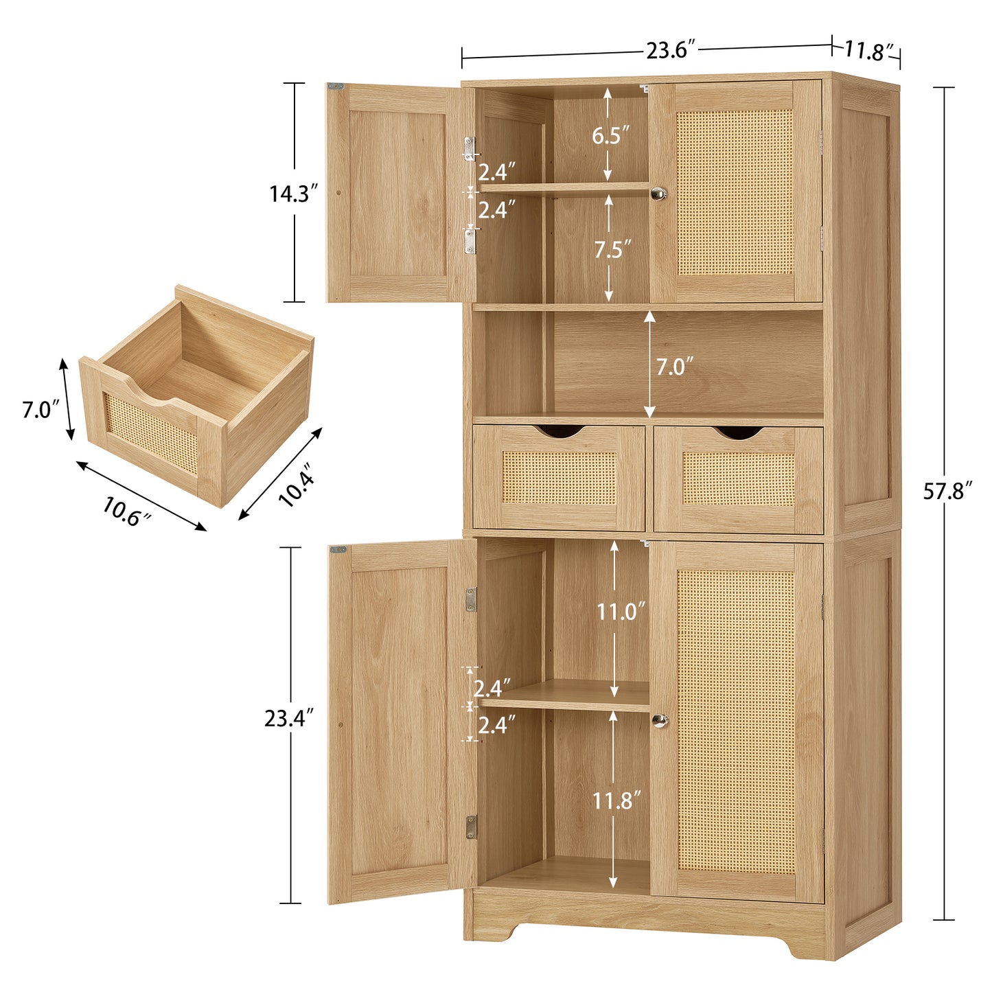 USIKEY Tall Bathroom Storage Cabinet with 2 Drawers & 2 Adjustable Shelves, Bathroom Storage Cabinet with 4 Doors, for Living Room, Entryway