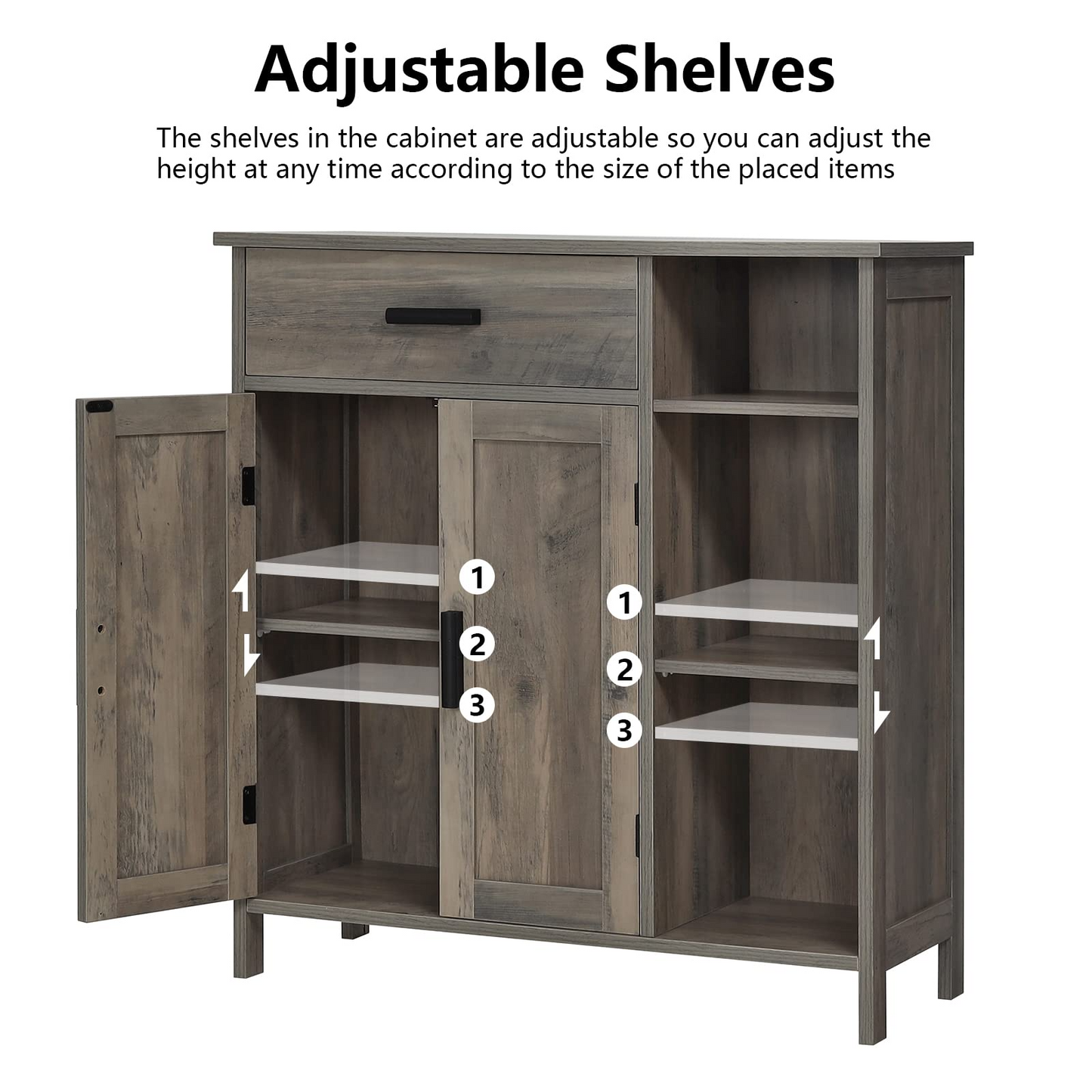 USIKEY Storage Cabinet, Floor Cabinet with Doors and Shelves, Coffee Bar Cabinet with Drawer, Organizer Cabinet for Living Room, Dining Room
