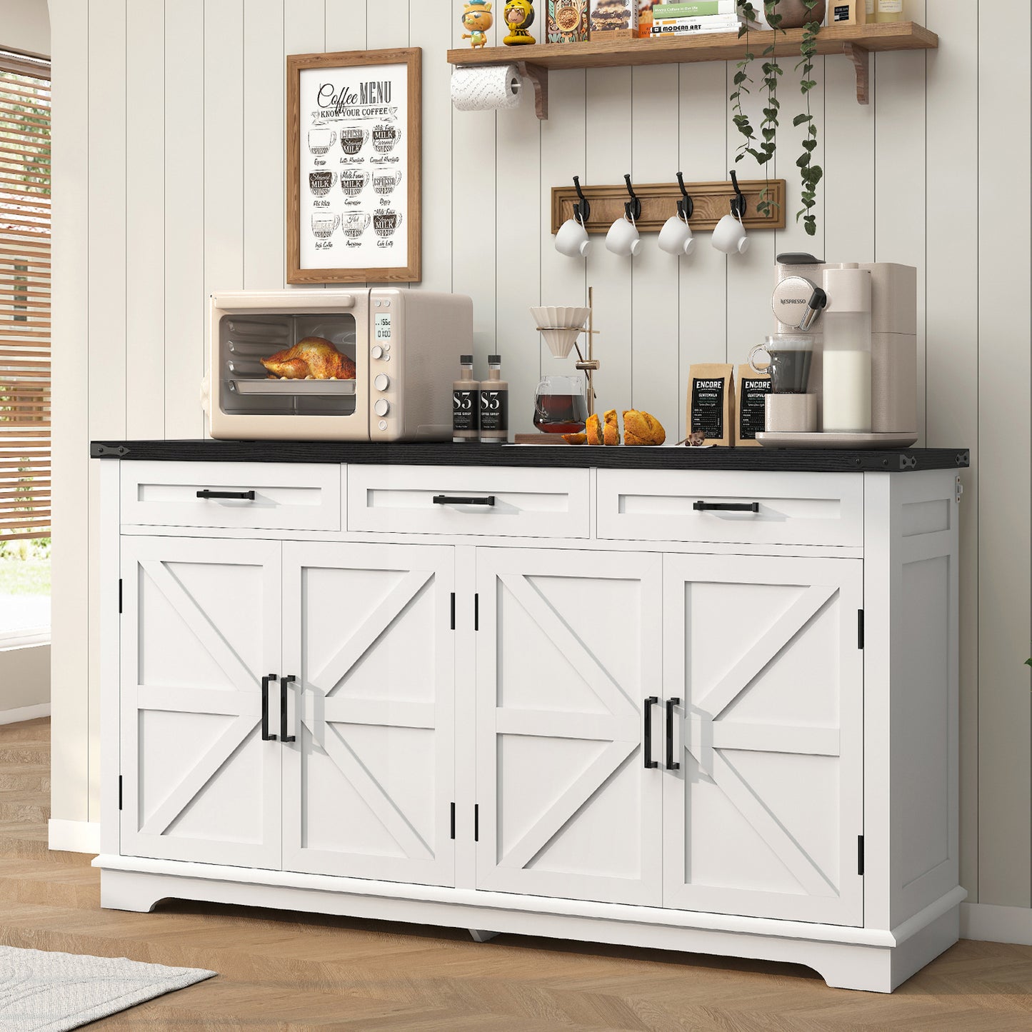 USIKEY Buffet Cabinet, 63” Large Sideboard Buffet Storage Cabinet with 3 Drawers, Farmhouse Coffee Bar with 4 Doors for Kitchen, Living Room