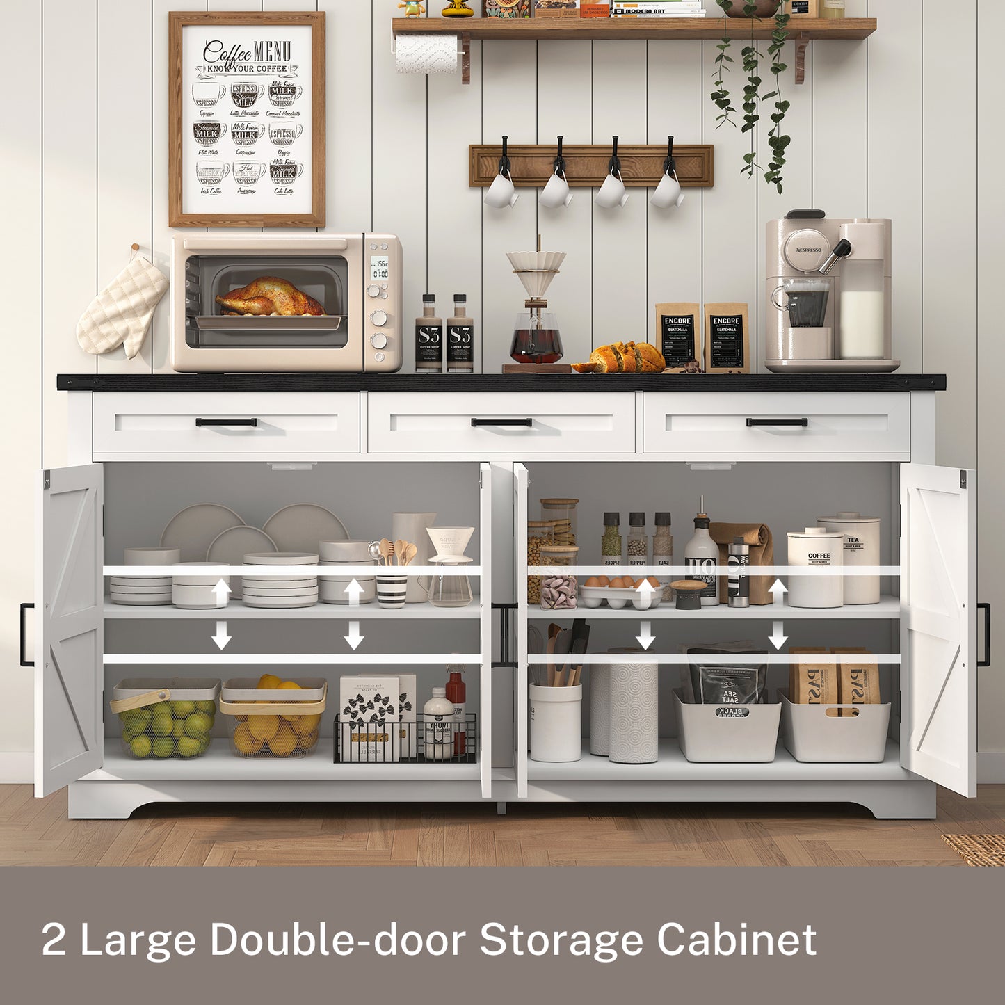 USIKEY Buffet Cabinet, 63” Large Sideboard Buffet Storage Cabinet with 3 Drawers, Farmhouse Coffee Bar with 4 Doors for Kitchen, Living Room