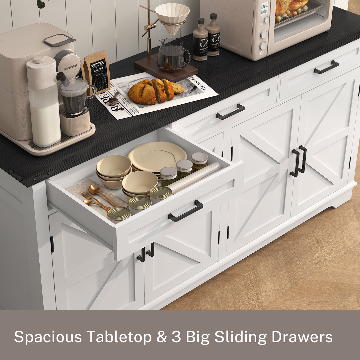 USIKEY Buffet Cabinet, 63” Large Sideboard Buffet Storage Cabinet with 3 Drawers, Farmhouse Coffee Bar with 4 Doors for Kitchen, Living Room