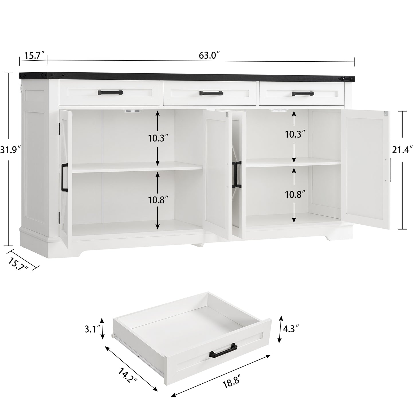 USIKEY Buffet Cabinet, 63” Large Sideboard Buffet Storage Cabinet with 3 Drawers, Farmhouse Coffee Bar with 4 Doors for Kitchen, Living Room