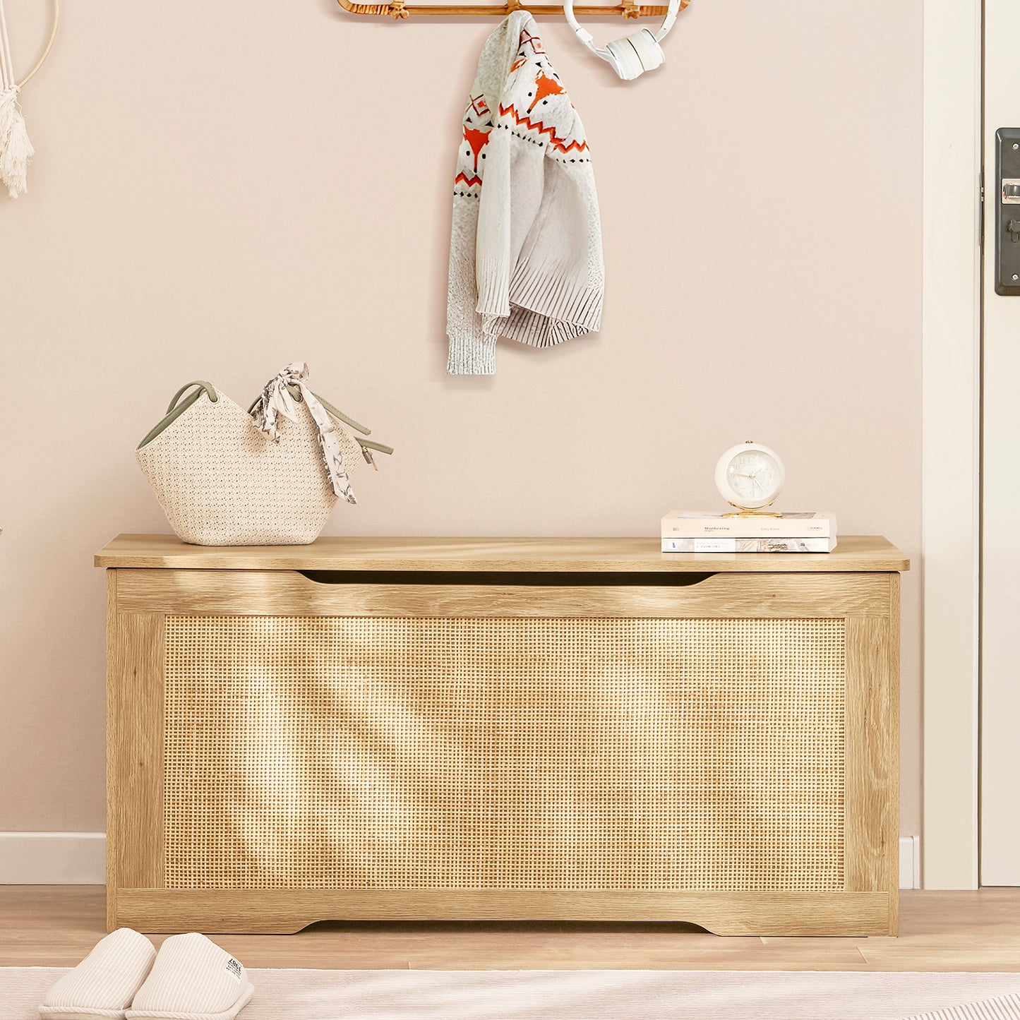 USIKEY 39.4” Storage Chest, Toy Box with 2 Safety Hinges, Rattan Storage Bench with Storage, Toy Chest for Bedroom,
