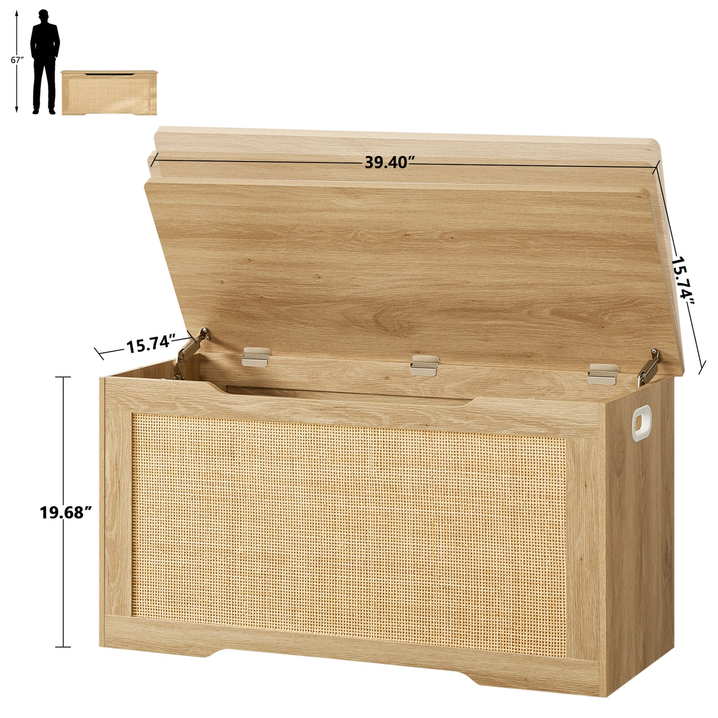 USIKEY 39.4” Storage Chest, Toy Box with 2 Safety Hinges, Rattan Storage Bench with Storage, Toy Chest for Bedroom,