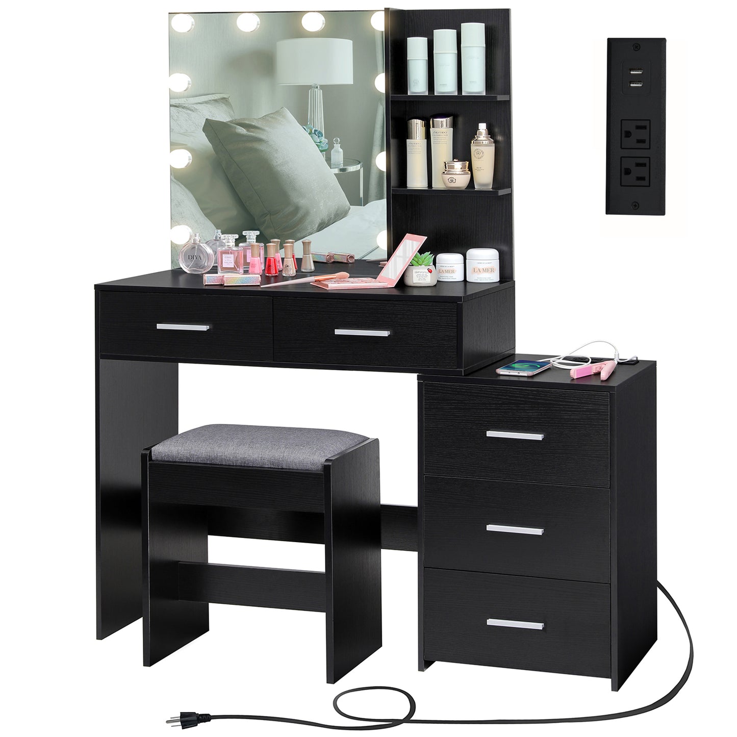 USIKEY Large Vanity Desk with Mirror & 10 LED Lights, Makeup Vanity Dressing Table with Power Strip, Storage Shelves & 5 Drawers