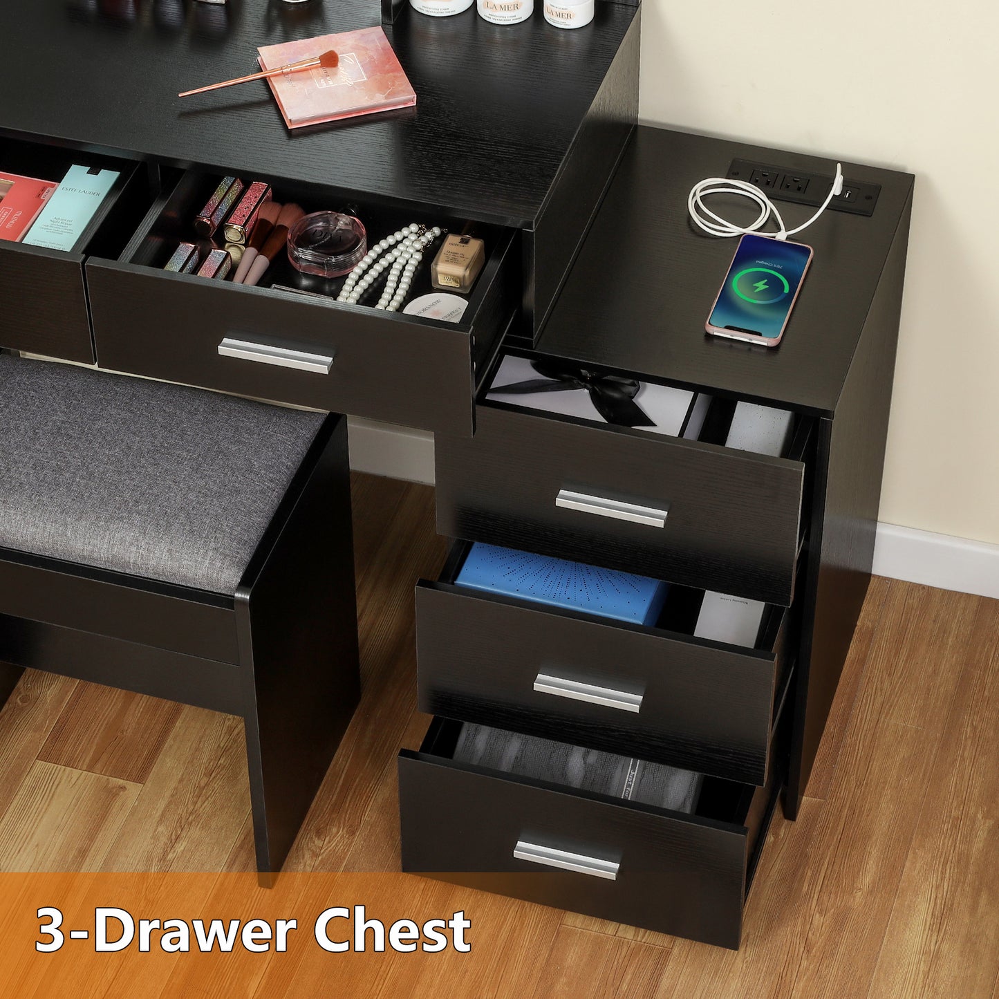 USIKEY Large Vanity Desk with Mirror & 10 LED Lights, Makeup Vanity Dressing Table with Power Strip, Storage Shelves & 5 Drawers