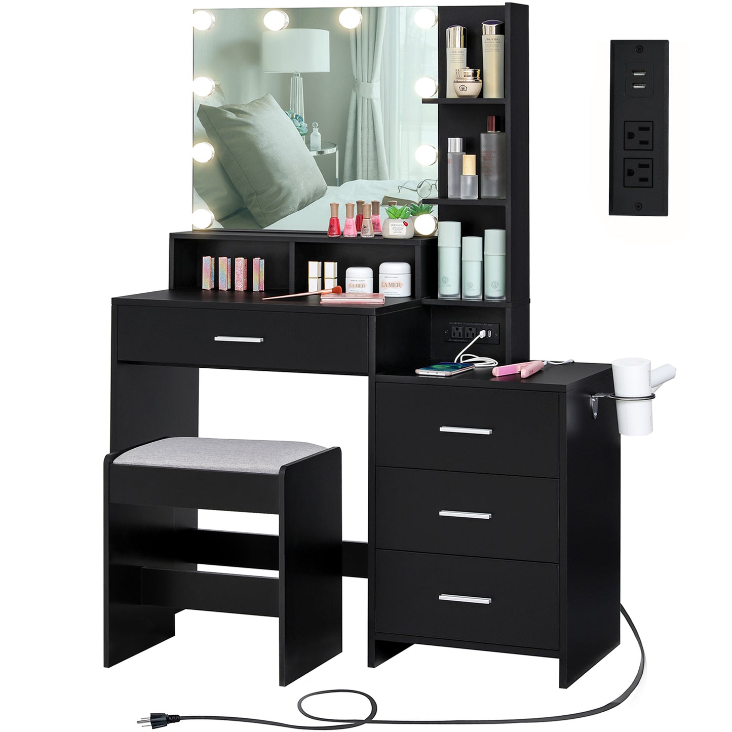 USIKEY Large Vanity Table Set with Lighted Mirror & Charging Station