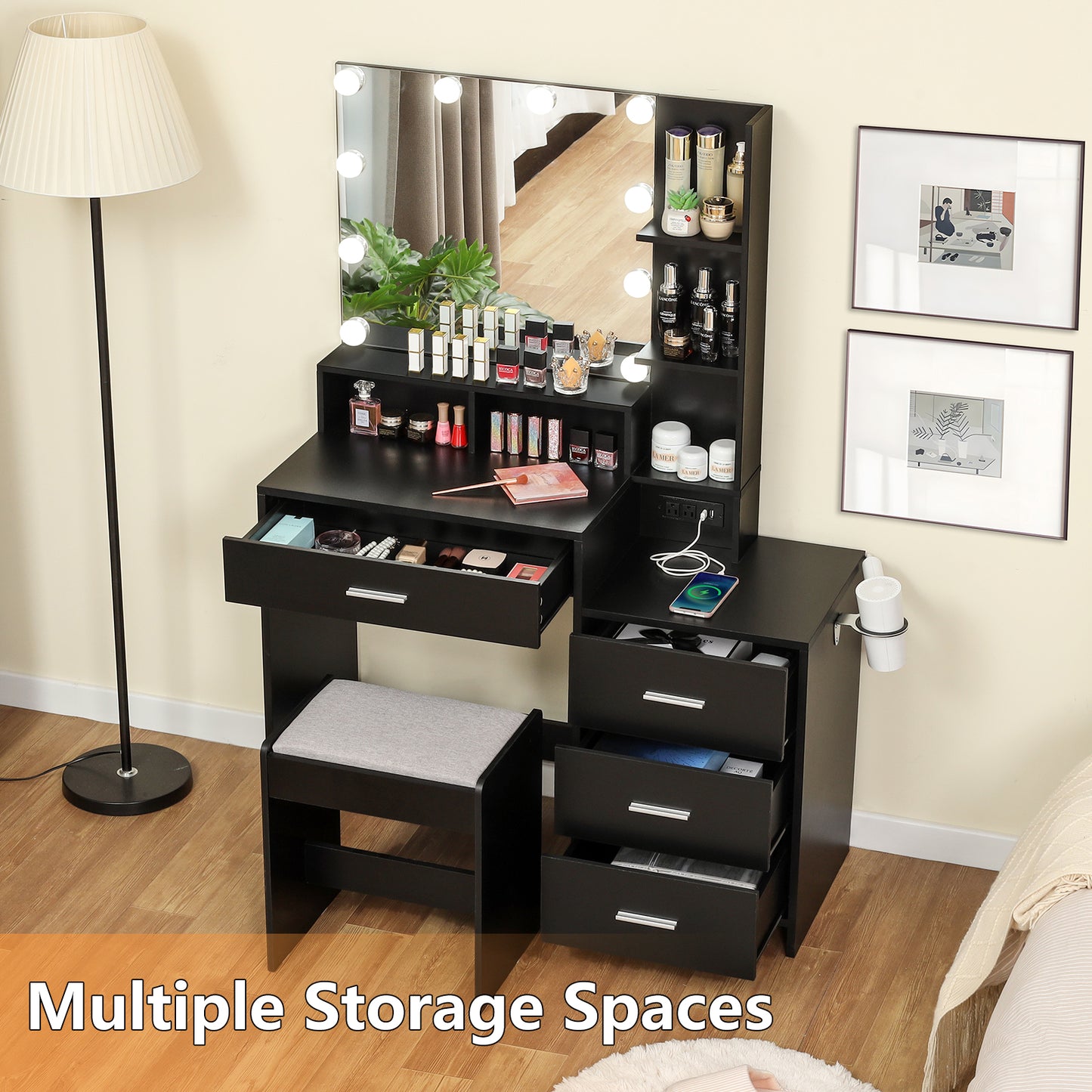 USIKEY Large Vanity Table Set with Lighted Mirror & Charging Station