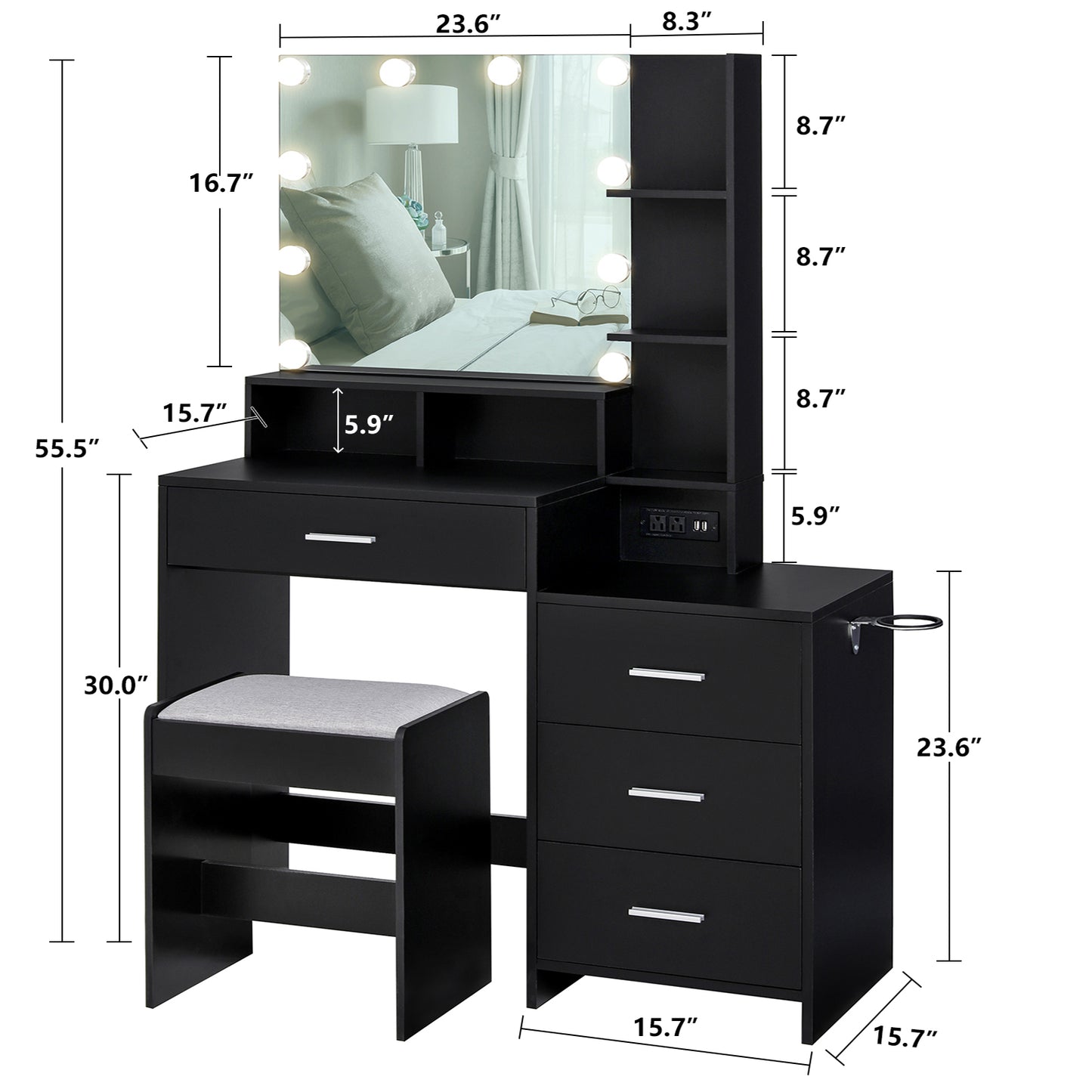 USIKEY Large Vanity Table Set with Lighted Mirror & Charging Station