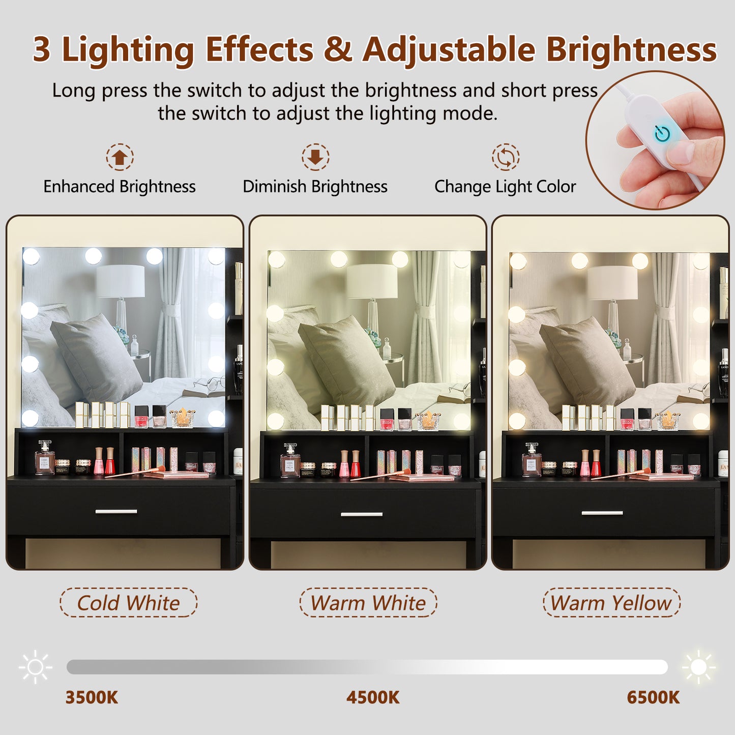 USIKEY Large Vanity Table Set with Lighted Mirror & Charging Station