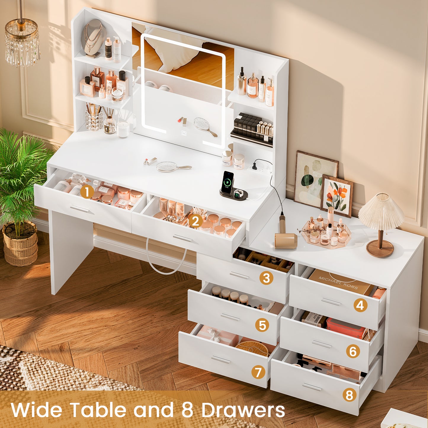 USIKEY Vanity Makeup Desk with LED Light Mirror & Power Outlet, 8 Drawers, Storage Shelves, & Adjustable Brightness Dressing Table, Corner Vanity Desk