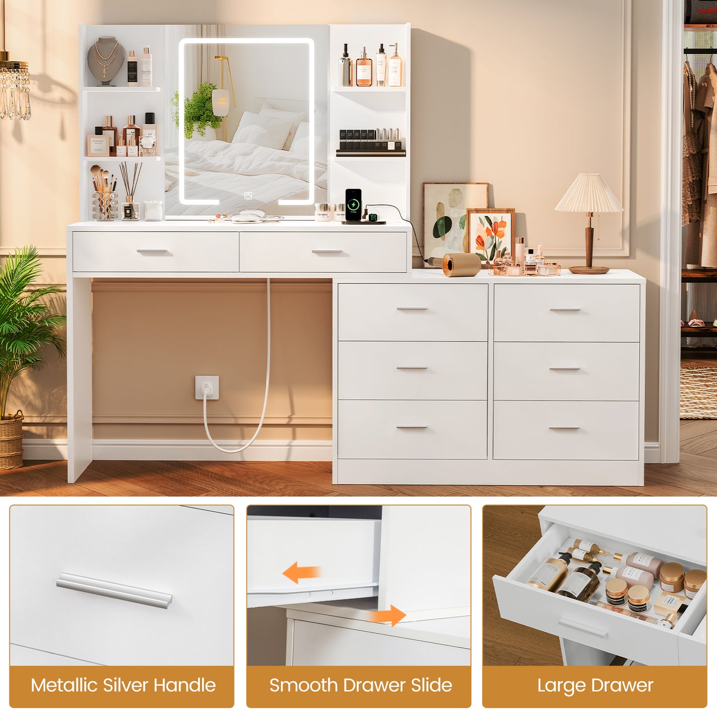 USIKEY Vanity Makeup Desk with LED Light Mirror & Power Outlet, 8 Drawers, Storage Shelves, & Adjustable Brightness Dressing Table, Corner Vanity Desk