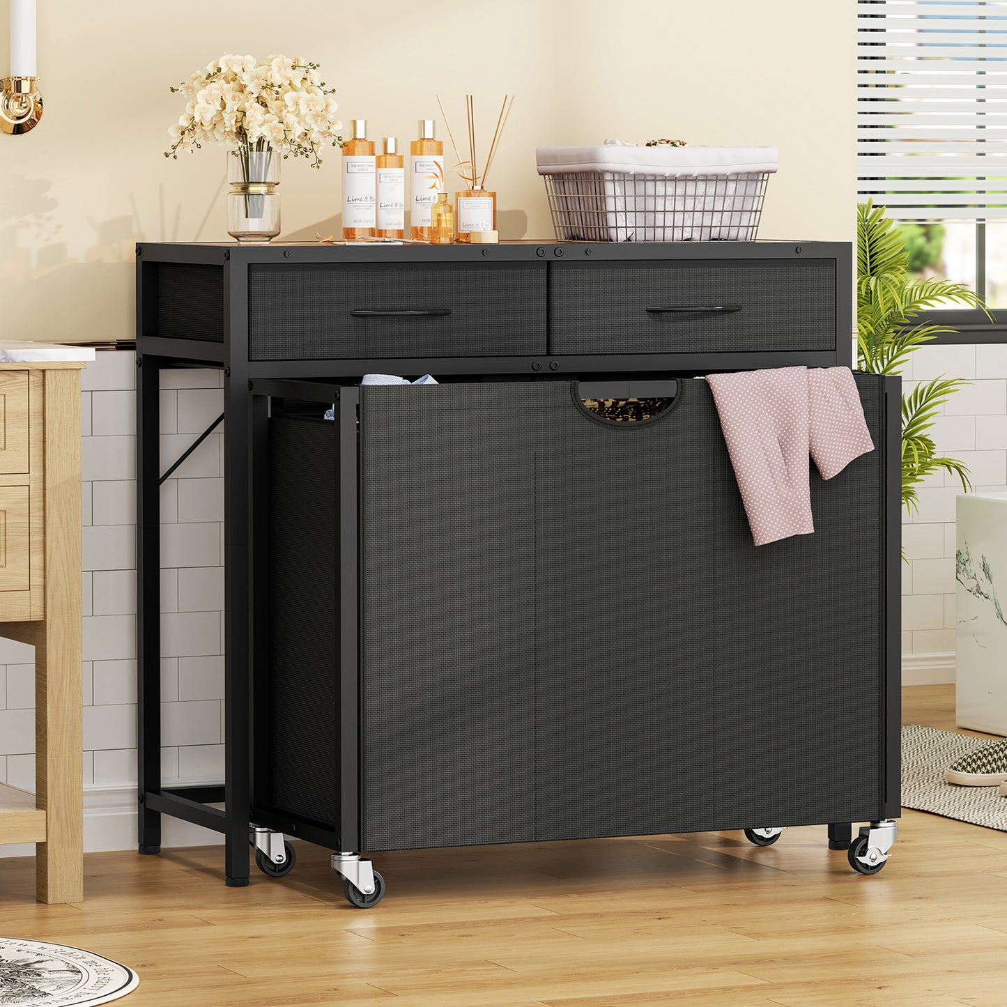 USIKEY Laundry Sorter, Rolling Laundry Hamper with 3 Section Pull-Out Bags, Laundry Basket Organizer with 2 Drawers & 2-Tone Top Panel