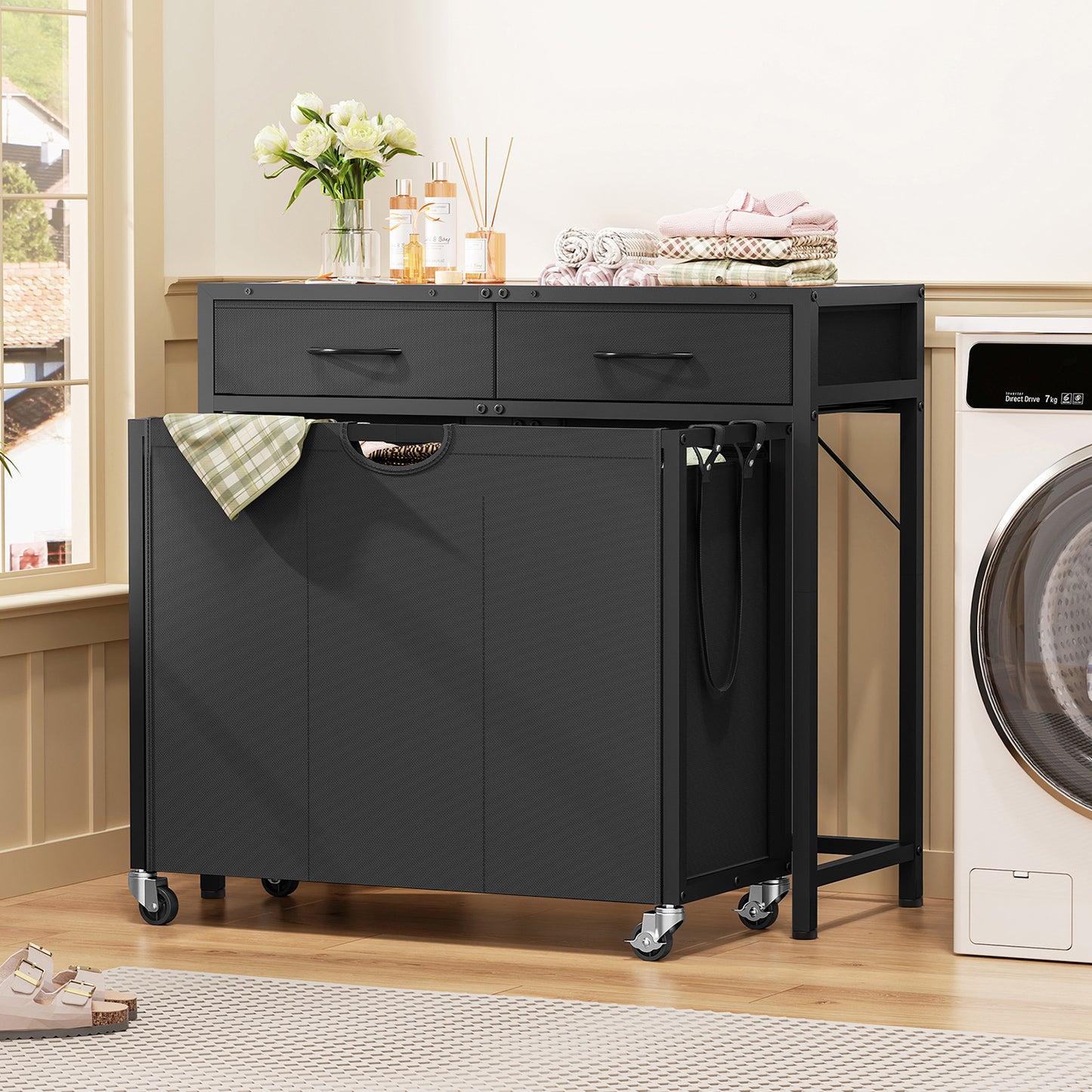 USIKEY Laundry Sorter, Rolling Laundry Hamper with 3 Section Pull-Out Bags, Laundry Basket Organizer with 2 Drawers & 2-Tone Top Panel