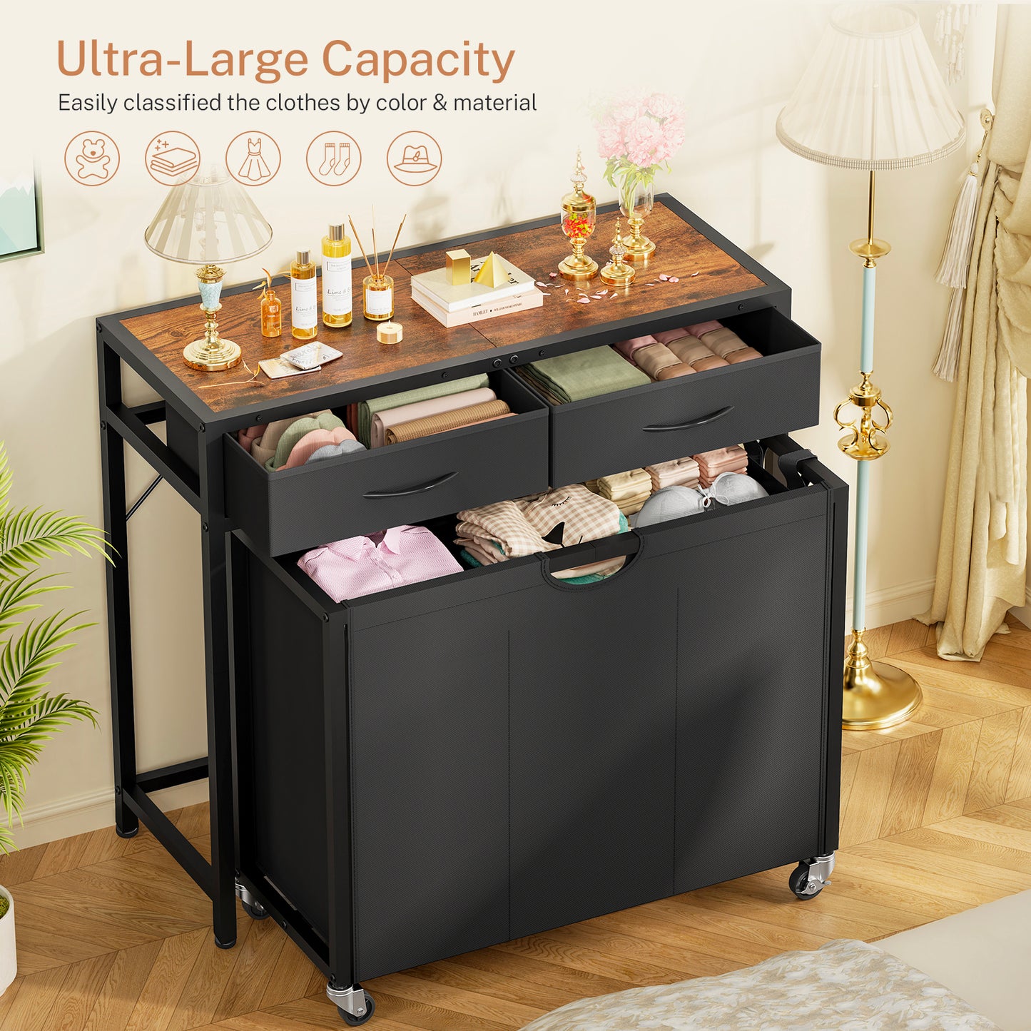 USIKEY Laundry Sorter, Rolling Laundry Hamper with 3 Section Pull-Out Bags, Laundry Basket Organizer with 2 Drawers & 2-Tone Top Panel