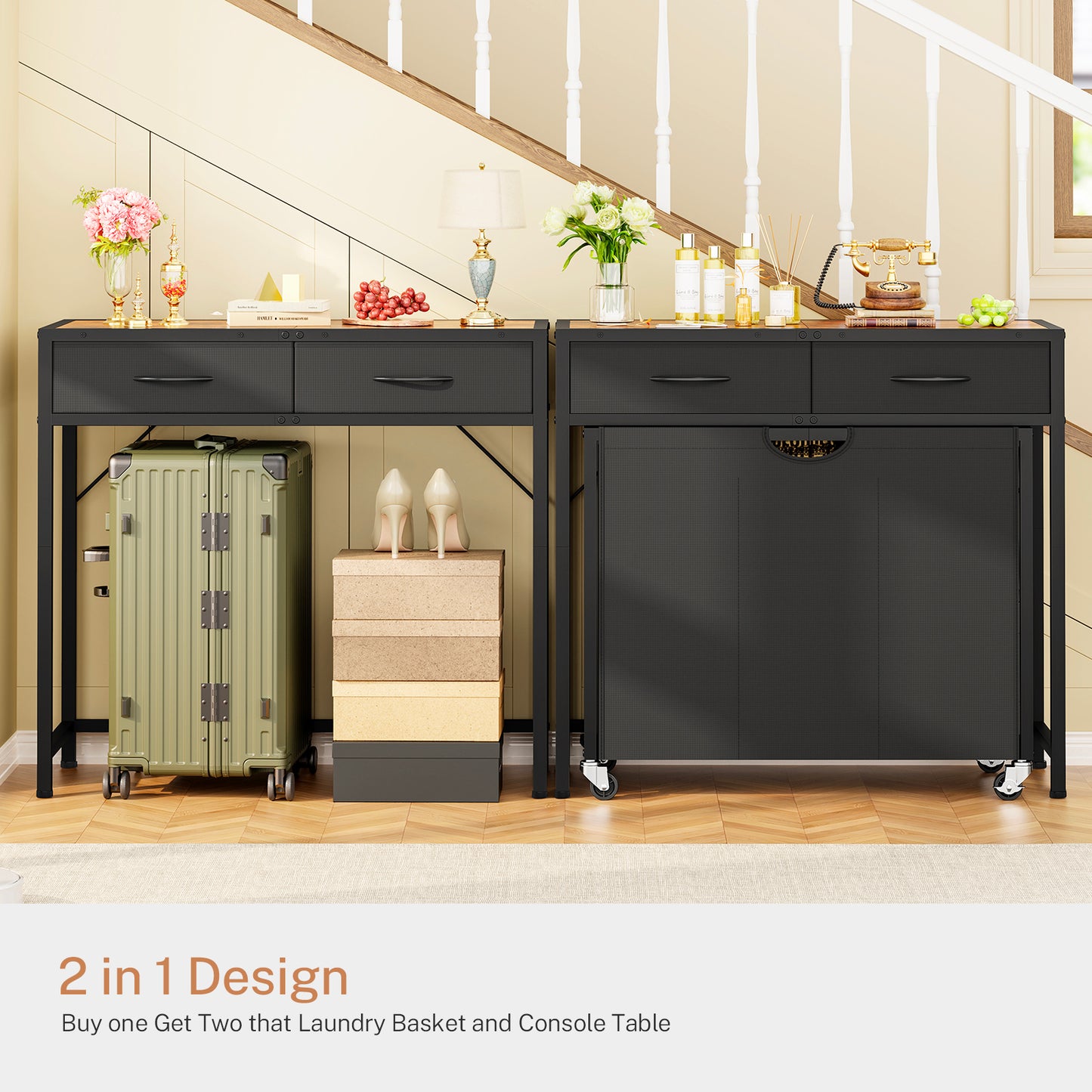 USIKEY Laundry Sorter, Rolling Laundry Hamper with 3 Section Pull-Out Bags, Laundry Basket Organizer with 2 Drawers & 2-Tone Top Panel