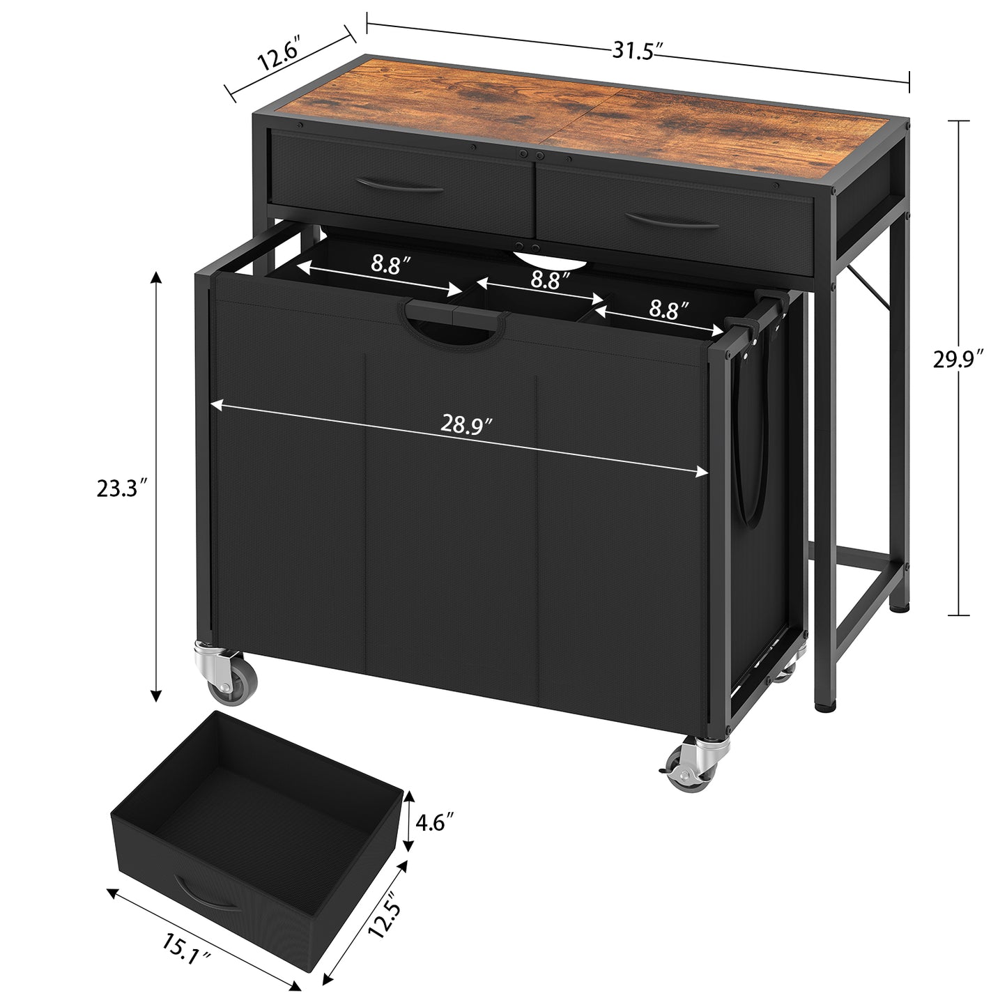 USIKEY Laundry Sorter, Rolling Laundry Hamper with 3 Section Pull-Out Bags, Laundry Basket Organizer with 2 Drawers & 2-Tone Top Panel