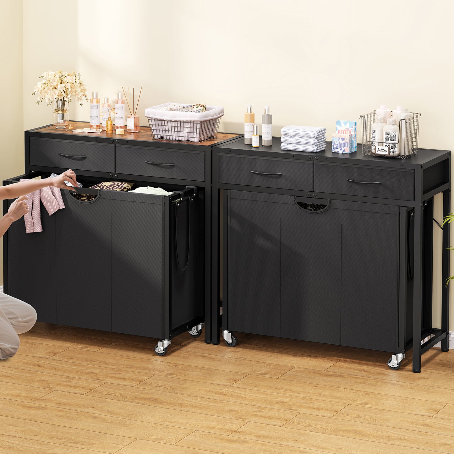 USIKEY Laundry Sorter, Rolling Laundry Hamper with 3 Section Pull-Out Bags, Laundry Basket Organizer with 2 Drawers & 2-Tone Top Panel