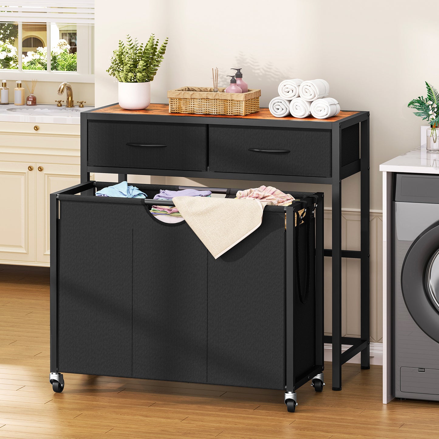 USIKEY Laundry Sorter, Rolling Laundry Hamper with 3 Section Pull-Out Bags, Laundry Basket Organizer with 2 Drawers, Laundry Hamper with Wheels