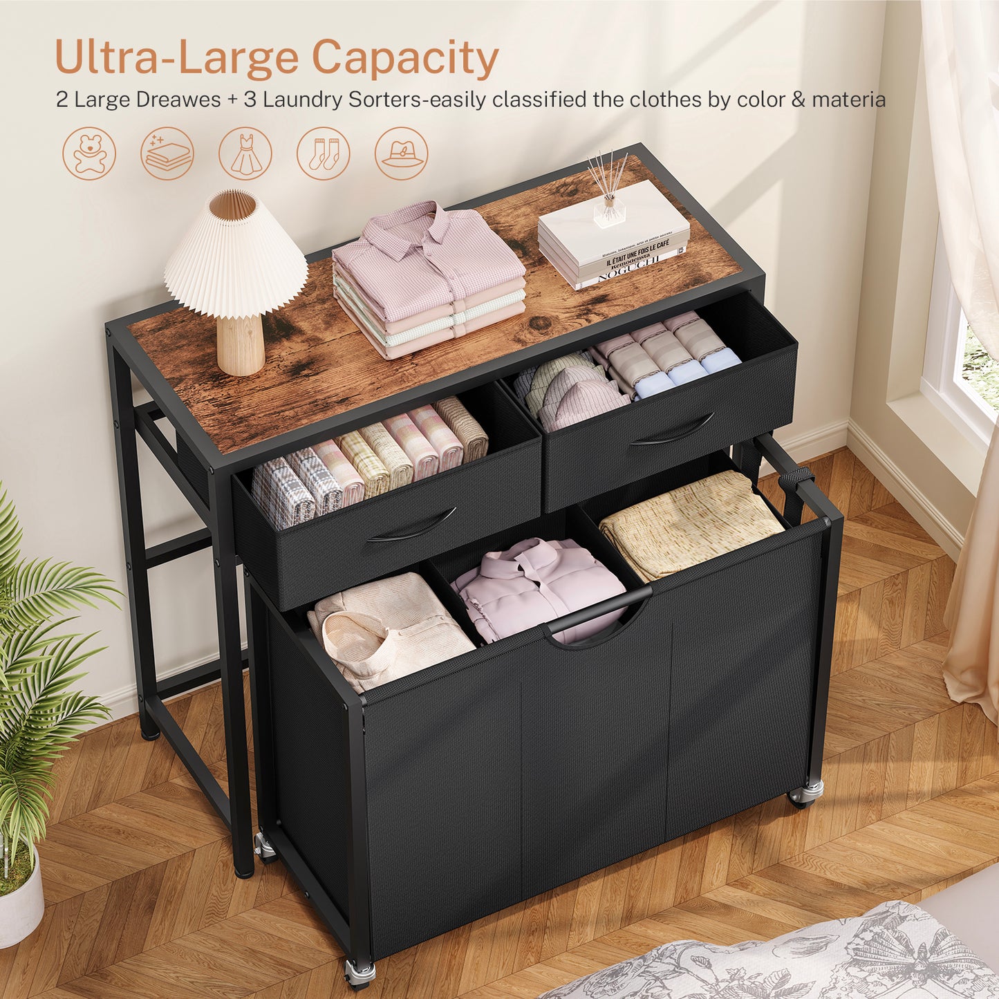 USIKEY Laundry Sorter, Rolling Laundry Hamper with 3 Section Pull-Out Bags, Laundry Basket Organizer with 2 Drawers, Laundry Hamper with Wheels