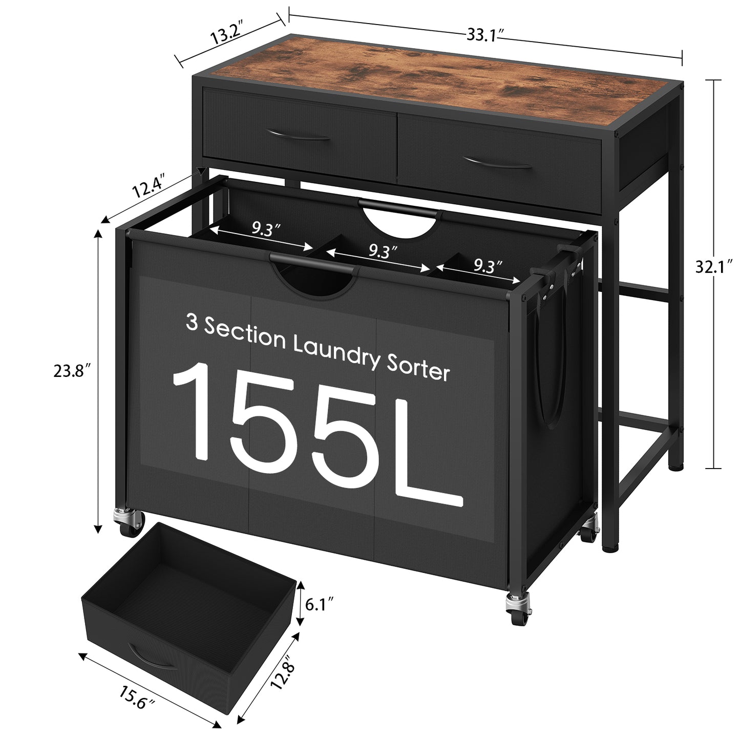 USIKEY Laundry Sorter, Rolling Laundry Hamper with 3 Section Pull-Out Bags, Laundry Basket Organizer with 2 Drawers, Laundry Hamper with Wheels