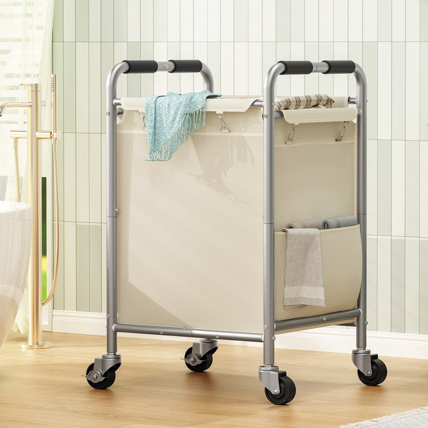 USIKEY Laundry Basket with Wheels, Rolling Laundry Sorter Cart with Side pockets,47.6GAL(180L) Rolling Laundry Hamper with Removable Bag, Beige