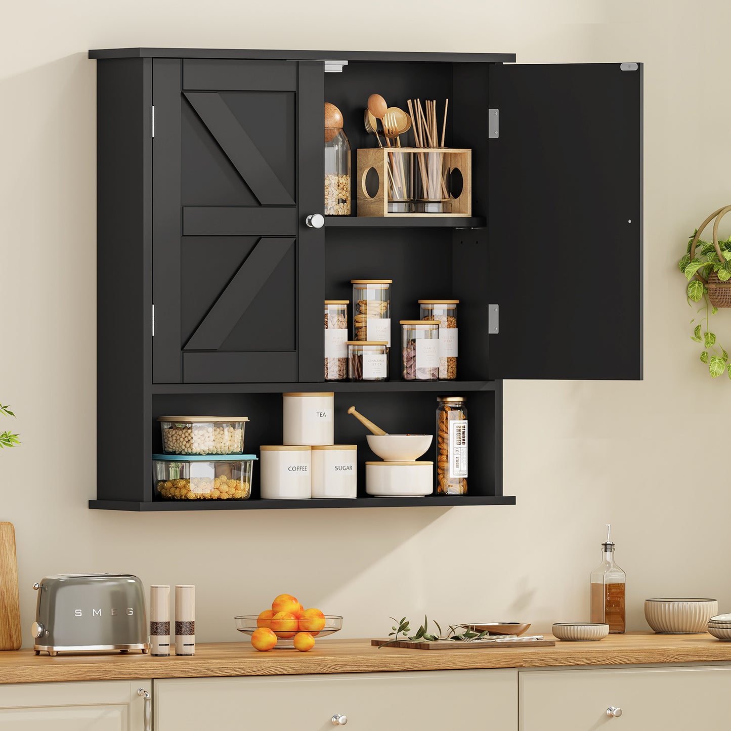 USIKEY Bathroom Wall Cabinet, Bathroom Cabinet with Barn Doors & Adjustable Shelf, Medicine Cabinet for Bathroom