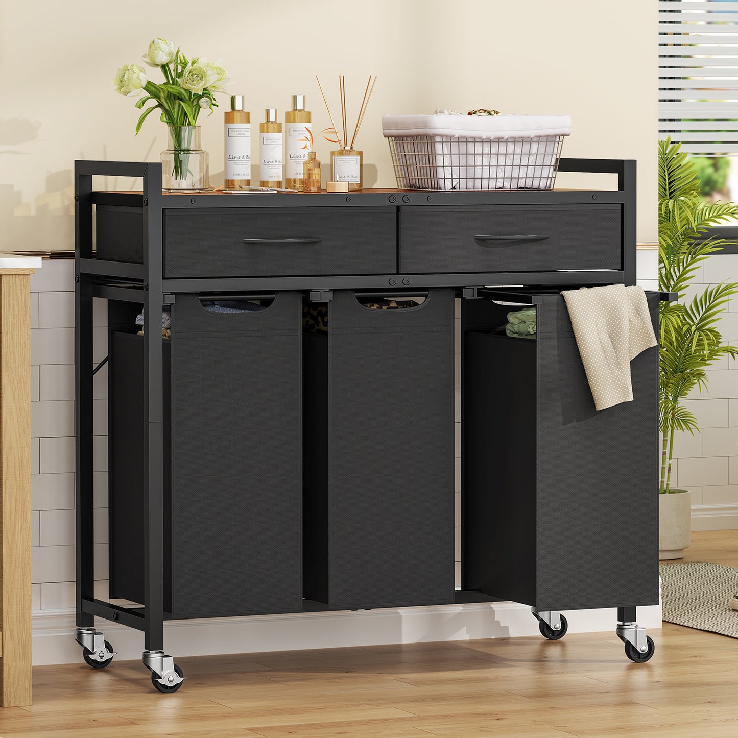 USIKEY Laundry Sorter 3 Section, Laundry Hamper with 2 Drawers & 2-tone top panel, 120L Rolling Laundry Basket Organizer