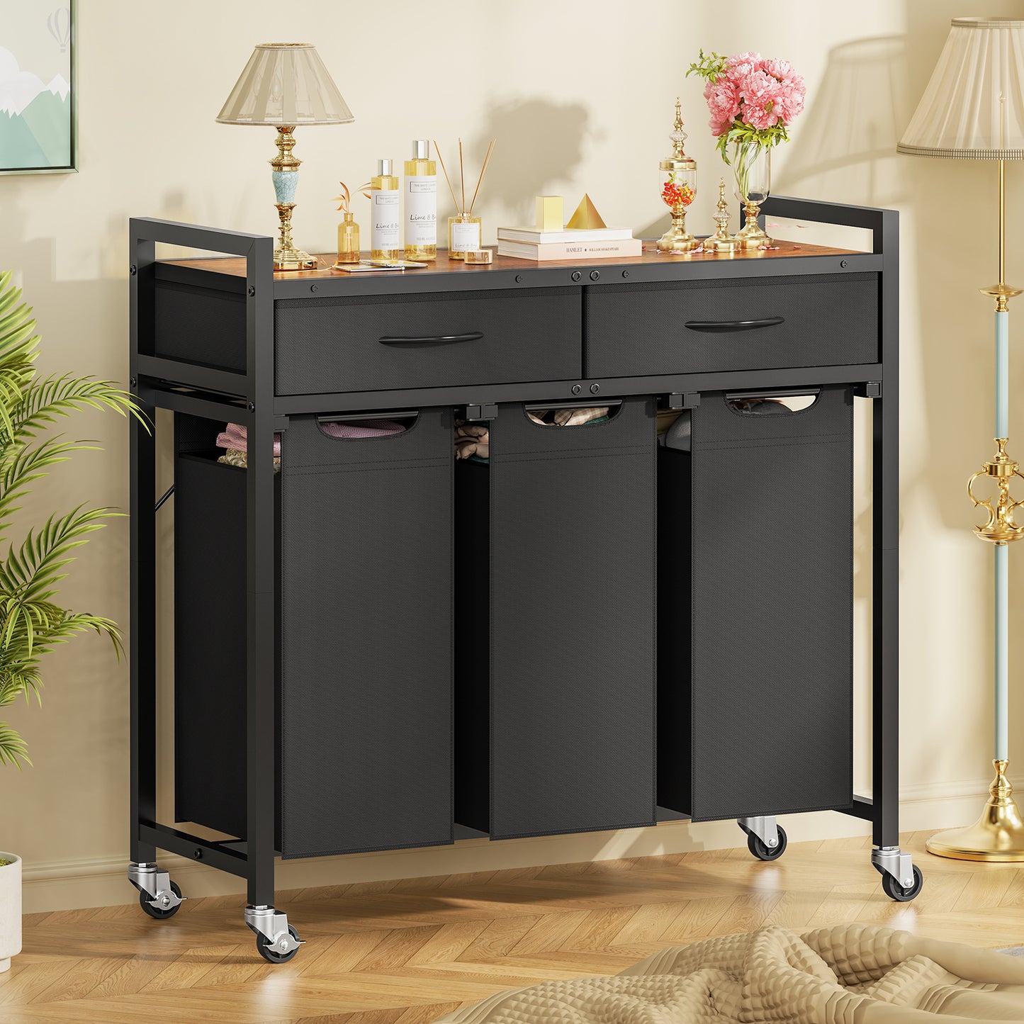 USIKEY Laundry Sorter 3 Section, Laundry Hamper with 2 Drawers & 2-tone top panel, 120L Rolling Laundry Basket Organizer