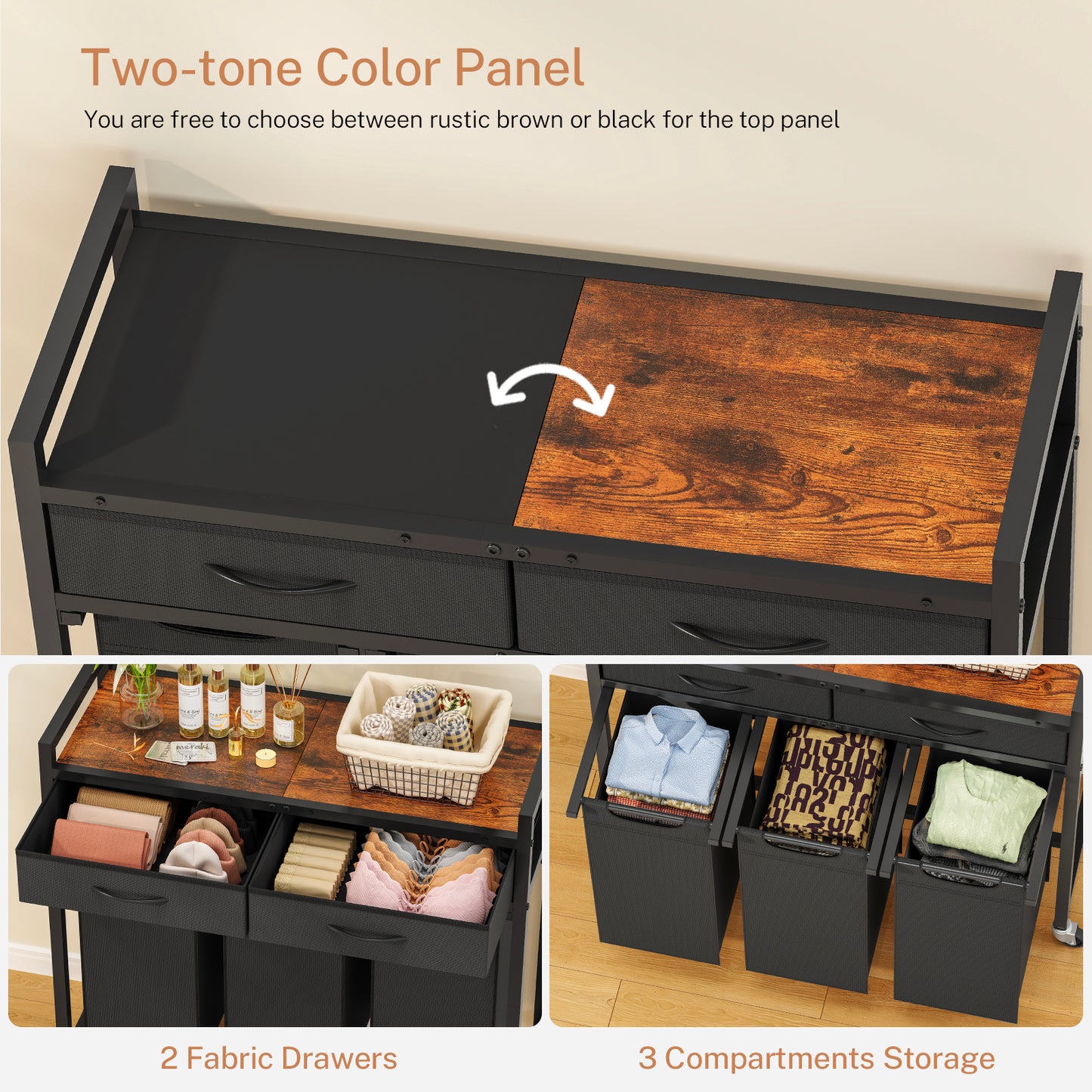 USIKEY Laundry Sorter 3 Section, Laundry Hamper with 2 Drawers & 2-tone top panel, 120L Rolling Laundry Basket Organizer