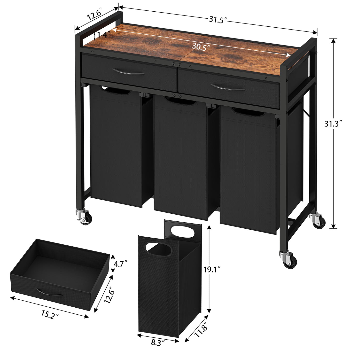 USIKEY Laundry Sorter 3 Section, Laundry Hamper with 2 Drawers & 2-tone top panel, 120L Rolling Laundry Basket Organizer