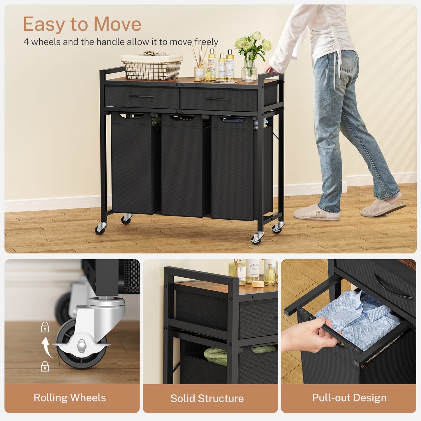 USIKEY Laundry Sorter 3 Section, Laundry Hamper with 2 Drawers & 2-tone top panel, 120L Rolling Laundry Basket Organizer