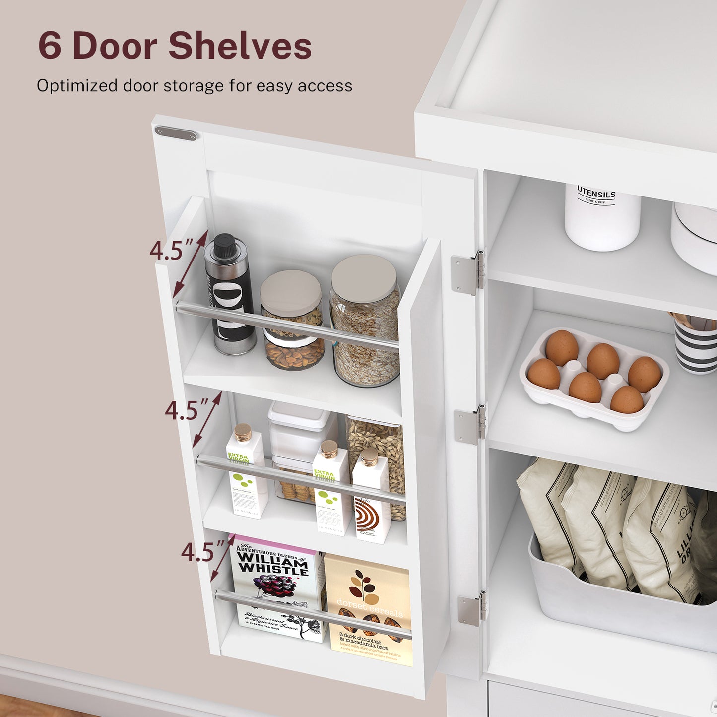 usikey 72?¡À Kitchen Pantry Cabinet, Tall Storage Cabinet with 4 Doors and 1 Drawer, Freestanding Cupboard with 6 Hanging Shelves and Adjustable Shelves for Kitchen, Dining Room,Living Room