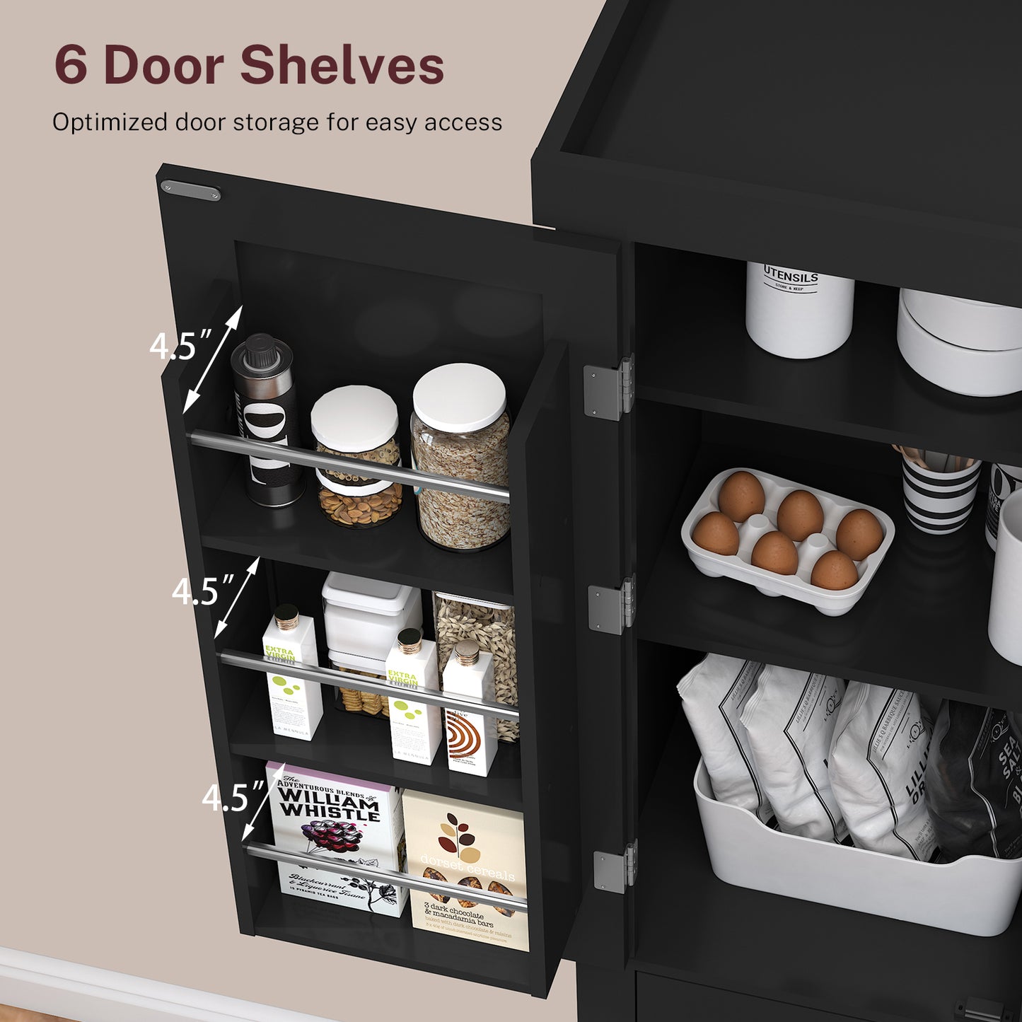 usikey 72?¡À Kitchen Pantry Cabinet, Tall Storage Cabinet with 4 Doors and 1 Drawer, Freestanding Cupboard with 6 Hanging Shelves and Adjustable Shelves for Kitchen, Dining Room,Living Room