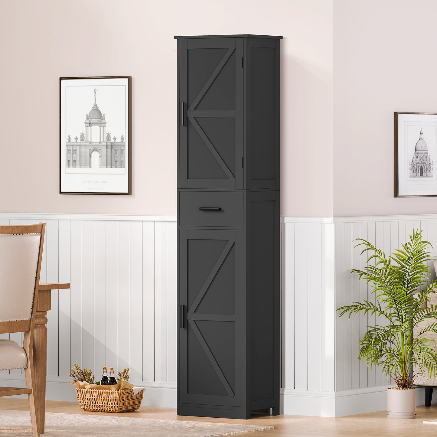 USIKEY 67.1" H Storage Cabinet, Tall Cabinet with 6 Shelves & Drawer, Slim Storage Cabinet with Adjustable Shelves for Living Room, Kitchen