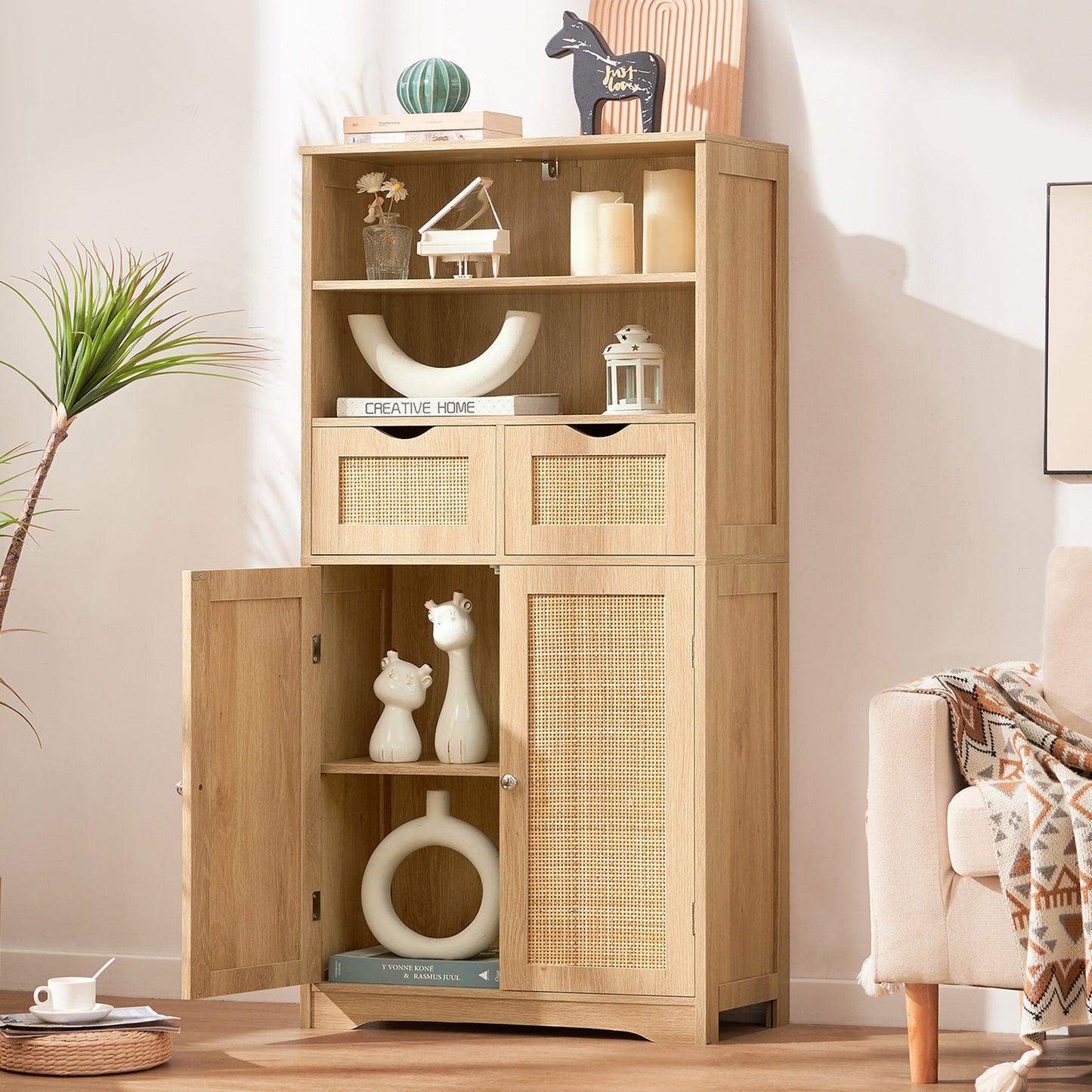 USIKEY Tall Bathroom Cabinet, Storage Cabinet with 2 Drawers & Adjustable Shelves, Bathroom Storage Cabinet for Living Room, Dining Room, Entryway