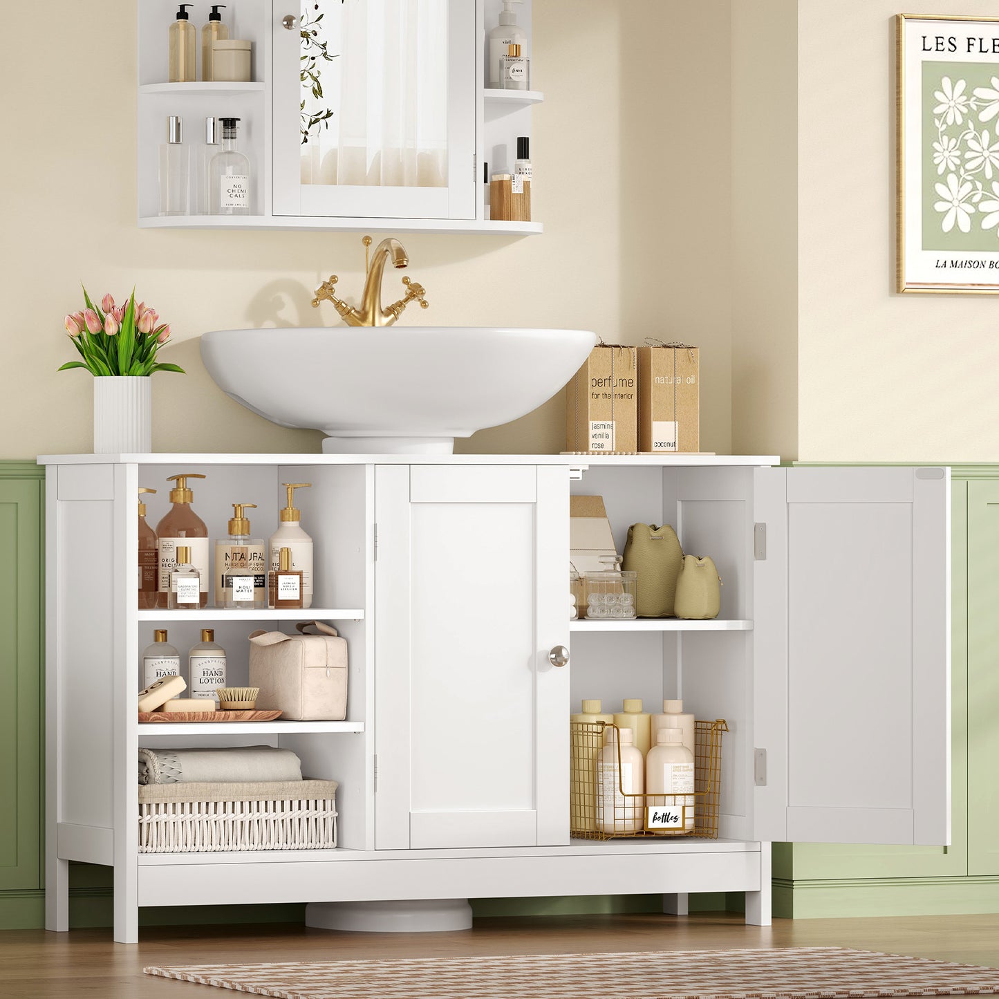 USIKEY Pedestal Sink Storage Cabinet with 2 Doors and 3 Open Shelves, Under Sink Cabinet, Bathroom Sink Cabinet with U-Shape, White
