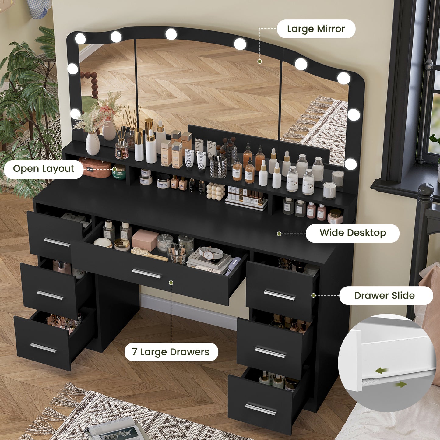 usikey 43.3" Vanity Desk with Large Lighted Mirror, Makeup Vanity Table with 7 Drawers & 10 Lights Bulbs, 3 Lighting Colors, Make Vanity Desk, Vanity Table for Women Girls